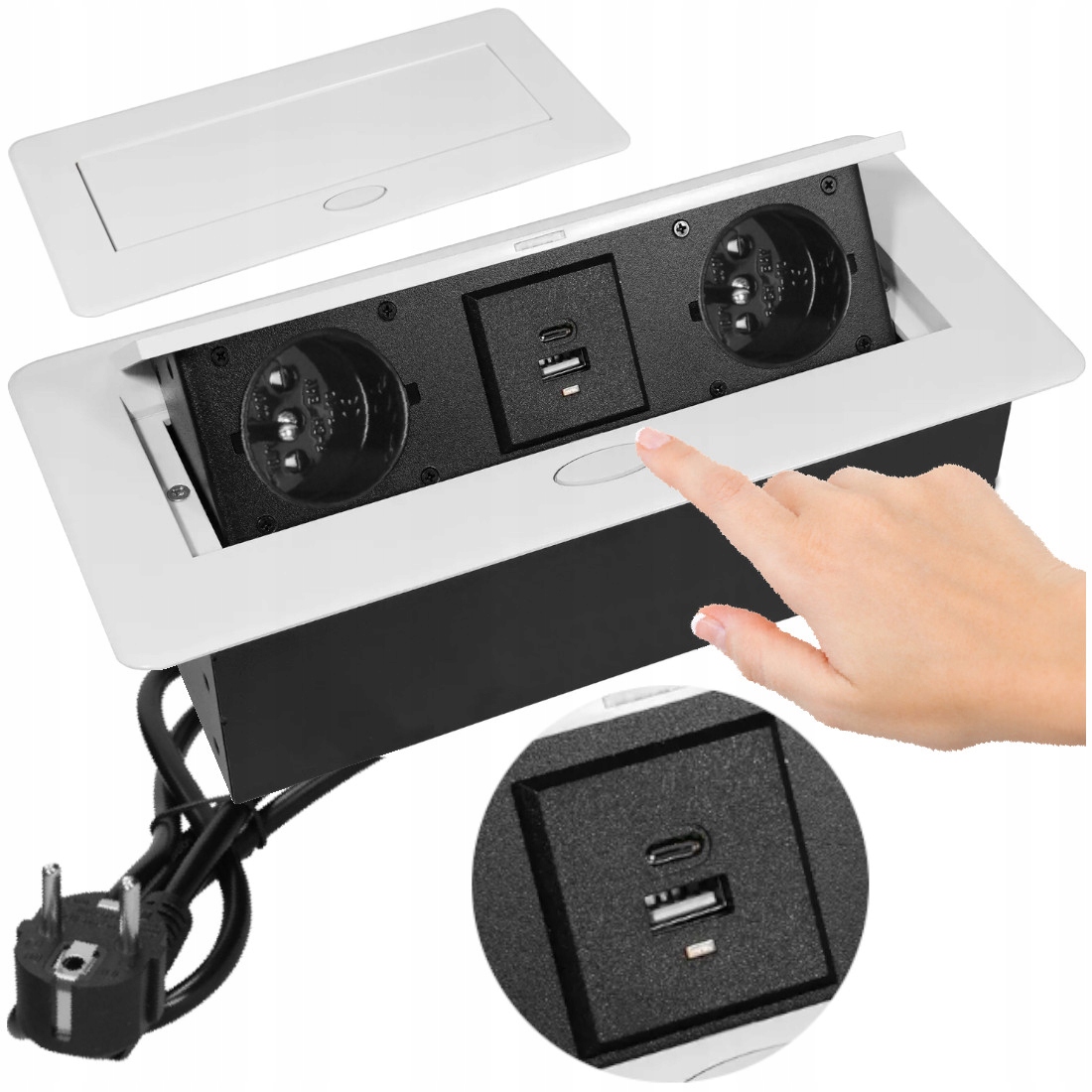 Gniazdo Nablatowe Wpuszczane Chowane w Blat Usb Usb-c Gniazdko Białe 1,5m
