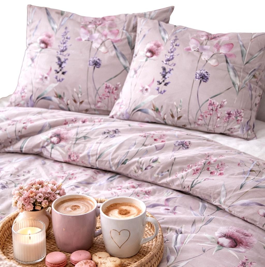 Pościel 160x200 satynowa bawełniana pudrowy róż z delikatnymi kwiatami