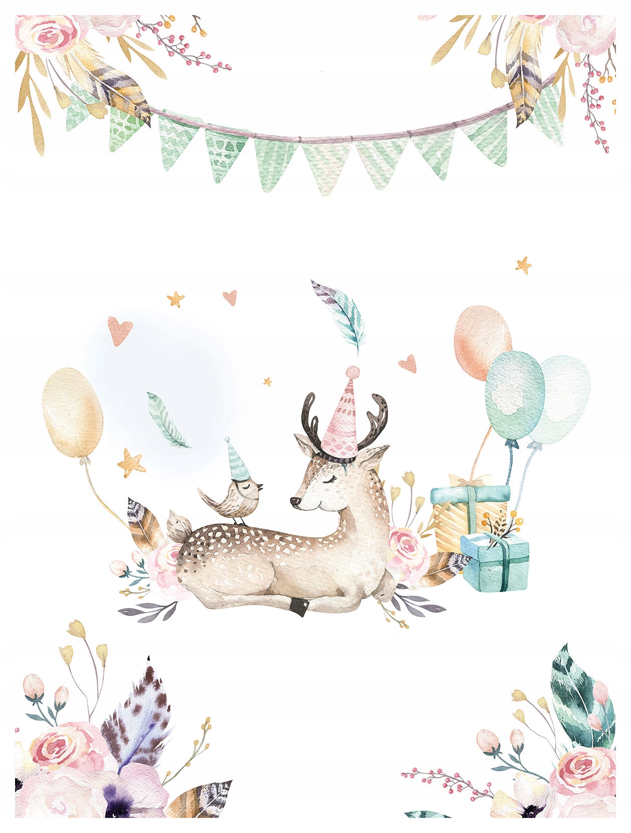 Fototapeta Jelen s ptáčkem akvarel dárky hvězdičky 206x275 lepidlo