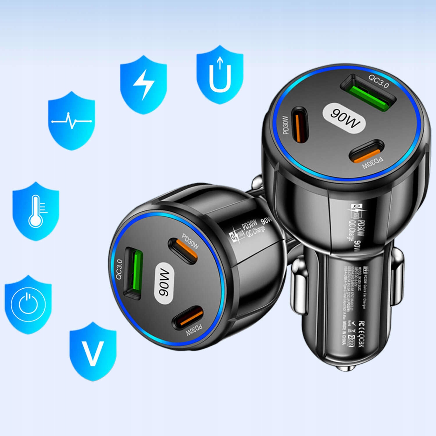 SZYBKA ŁADOWARKA SAMOCHODOWA 2xUSB-C C PD 30W + USB QC 3.0 LED MOCNA CZARNA Prąd wyjściowy 3500 mA