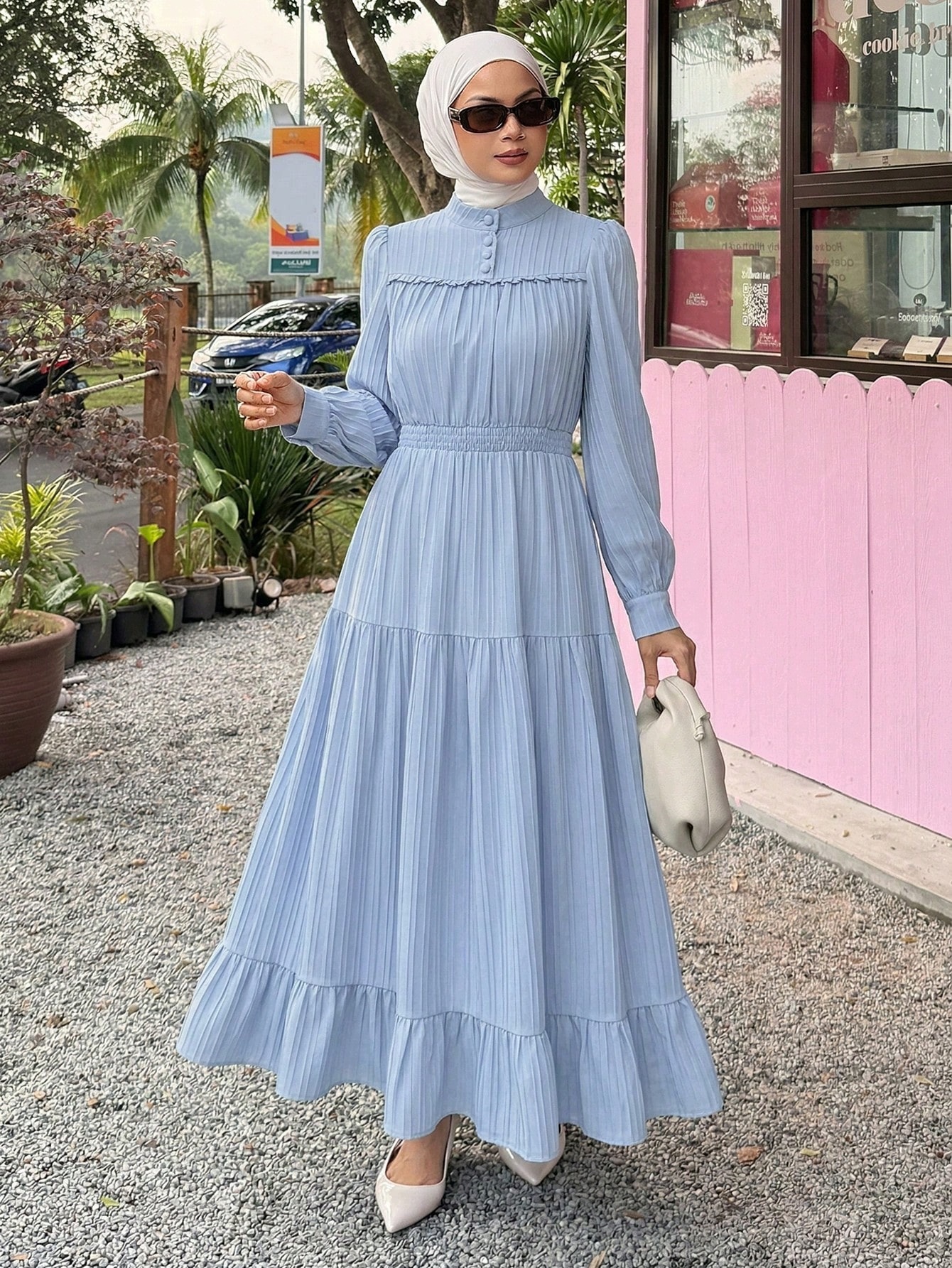 Shein Dlouhá Modrá Šaty S Volánem A Stojáčkem Elegantní XL 1M