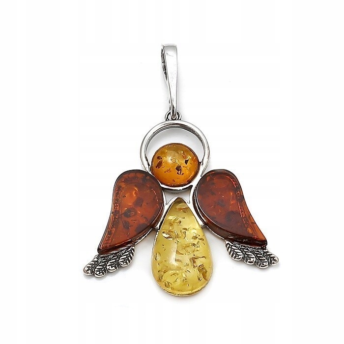 SREBRNY WISIOREK ANIOŁ Z BURSZTYNEM