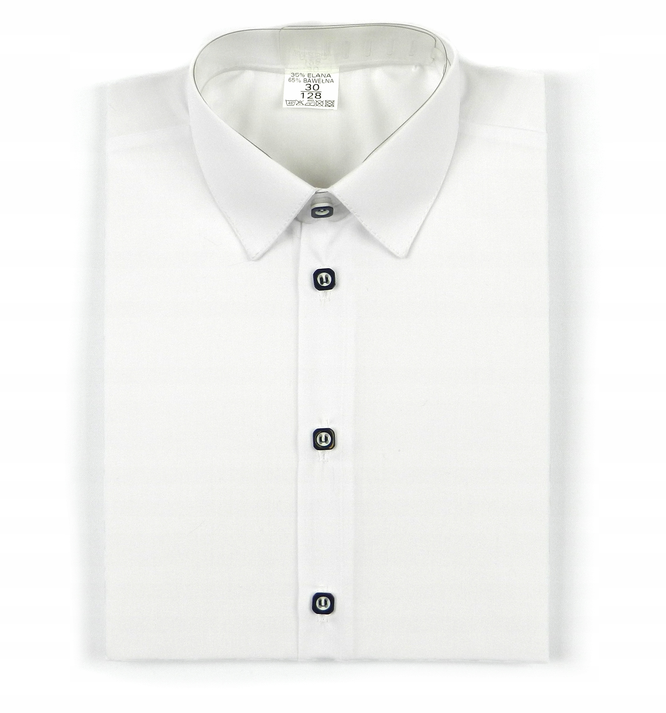 ELEGANCKA KOSZULA CHŁOPIĘCA BIAŁA Z DŁ. RĘKAWEM R.128 GRANATOWY GUZIK