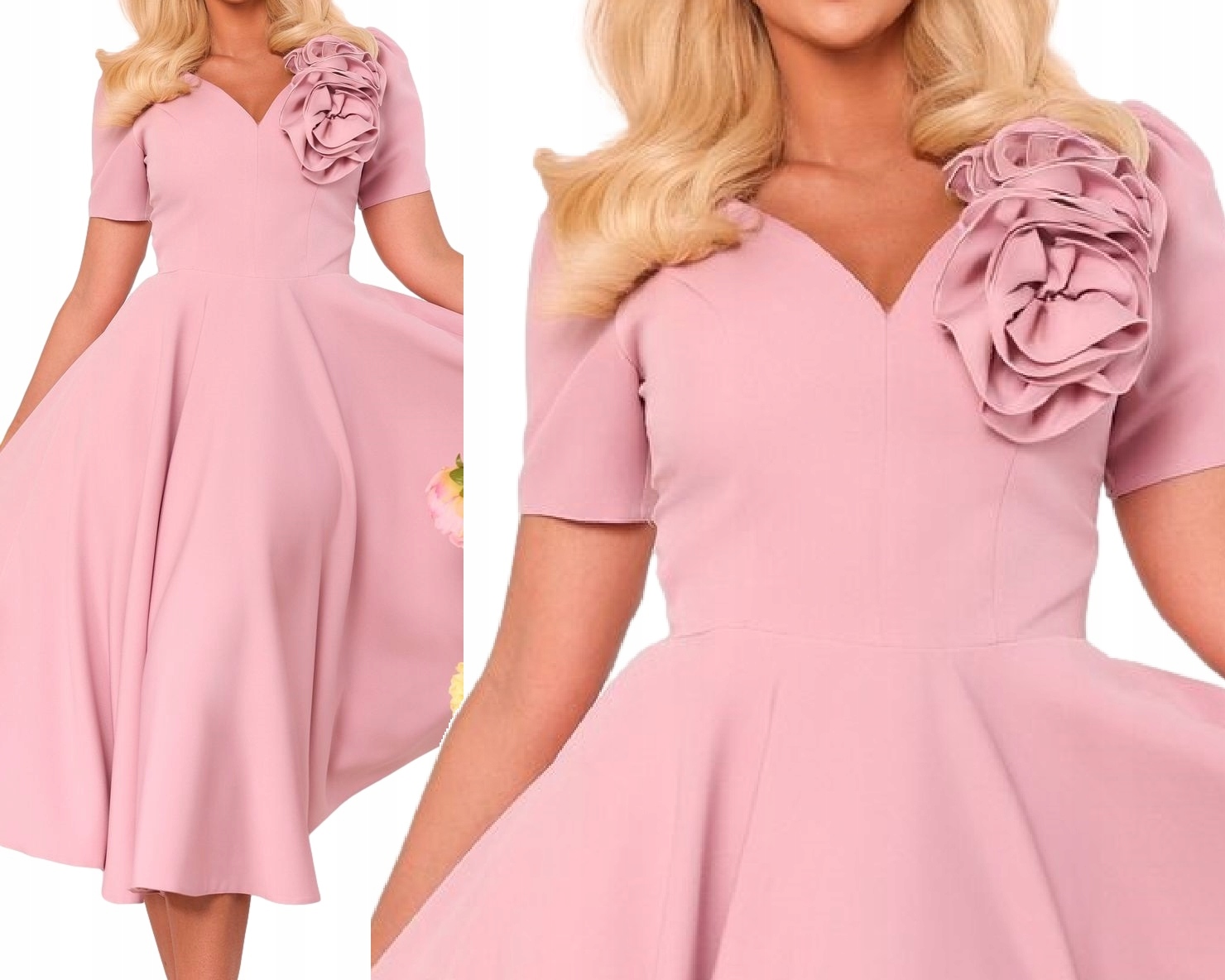 Sukienka Rozkloszowana MIDI Z Kwiatem Na Wesele