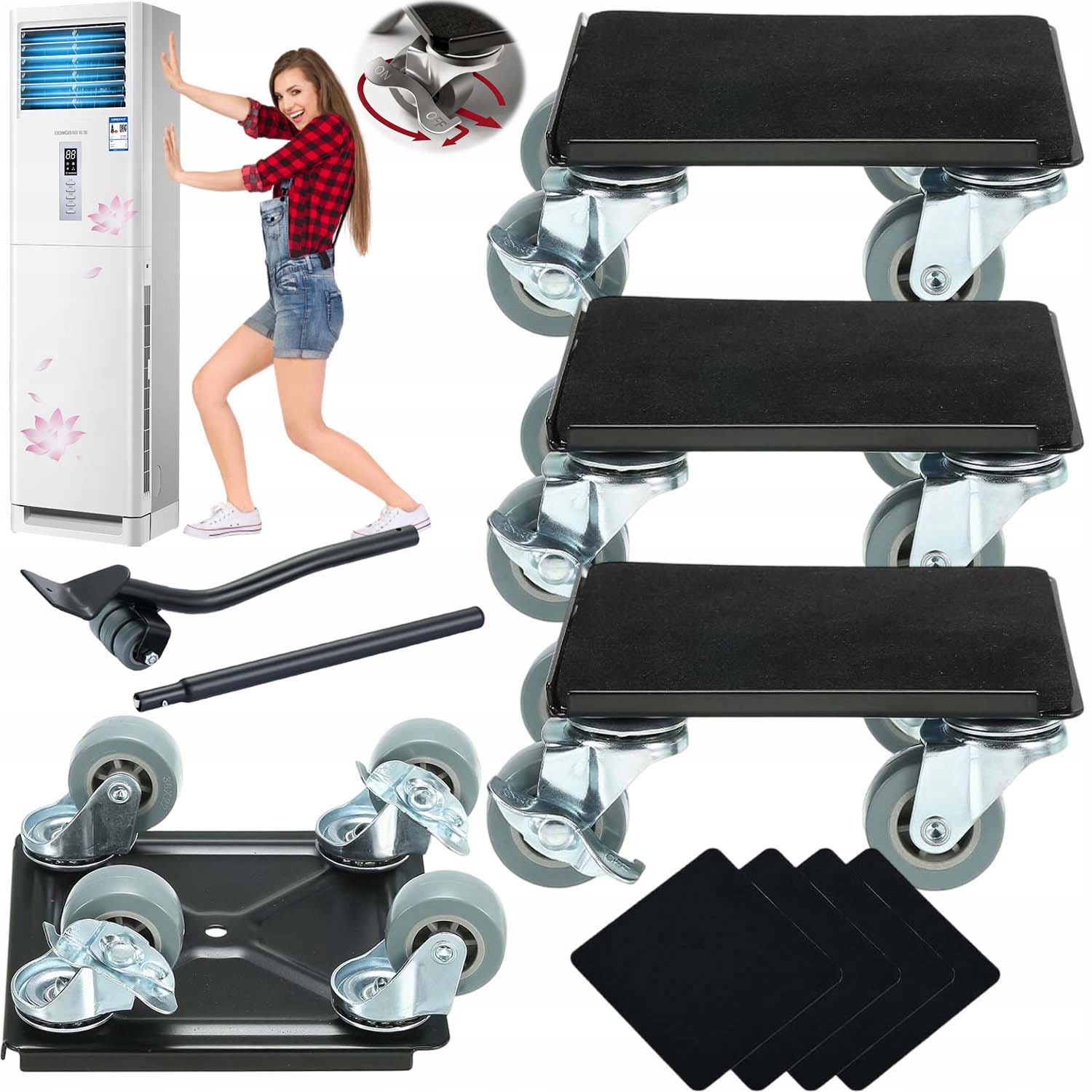 Kolečka Pro Přepravu Posouvání Nábytku Agd Brzdy 800 Kg Guma Rukojeť 62 CM