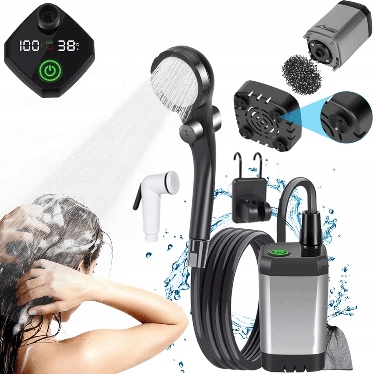 Přenosná sprcha 6000 mAh s pumpou pro kbelík o objemu 20 l a 2 úrovněmi intenzity