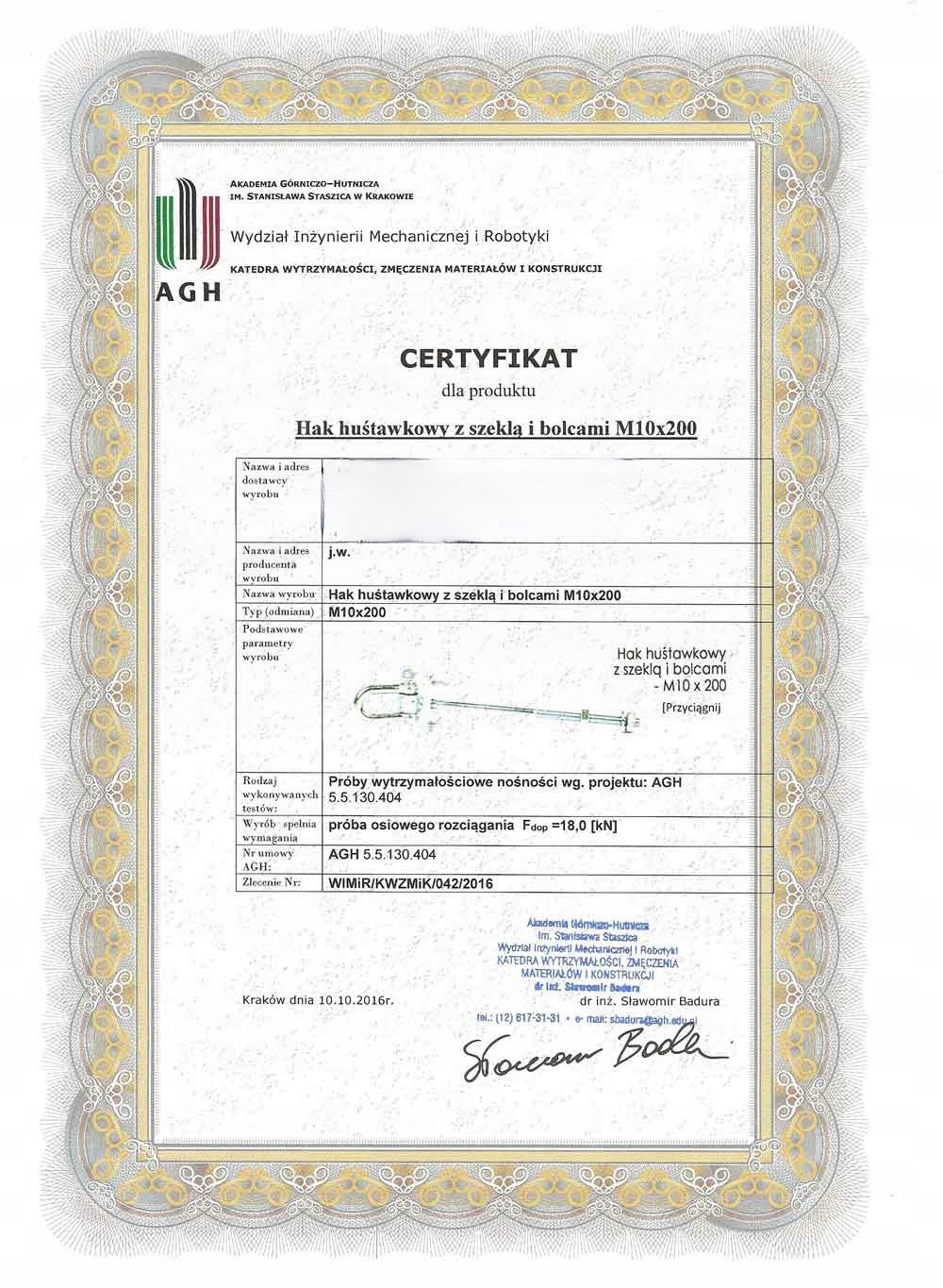 Hak DO HUŚTAWKI Z SZEKLĄ M10 BOLCE CERTYFIKAT Kod producenta 0