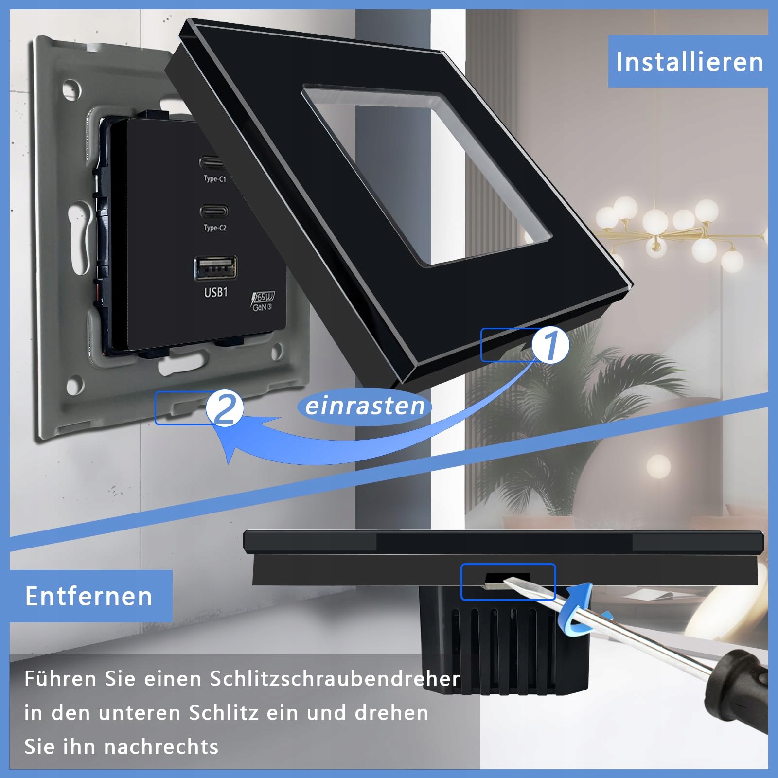 TAWOIA Gniazdko Schuko 65W USB C Szybkie Ładowanie Czarny Szklany Panel — miniatura 8