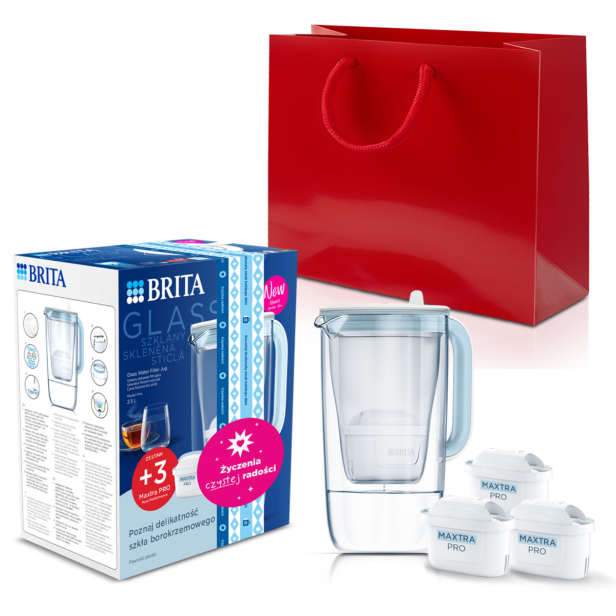Zestaw Brita dzbanek Glass i 3x wkład Pure Performance torba