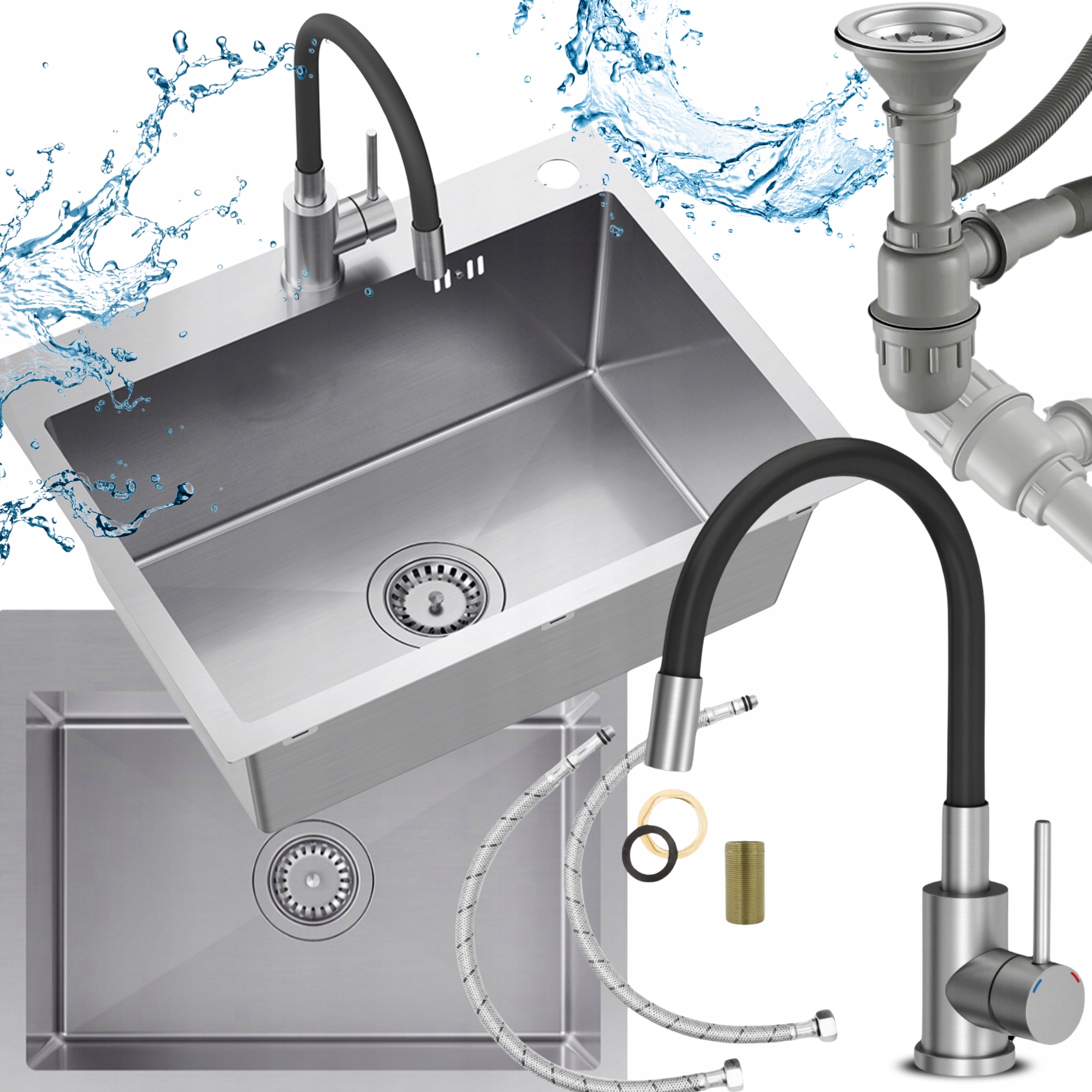 Ocelový Jednokomorový Dřez S Kuchyňskou Baterií Sifon Záslepka 7v1