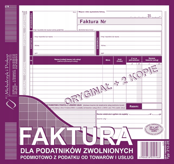 

Faktura dla zwolnionych z Vat 1+2 odb 2/3A4 212-2E