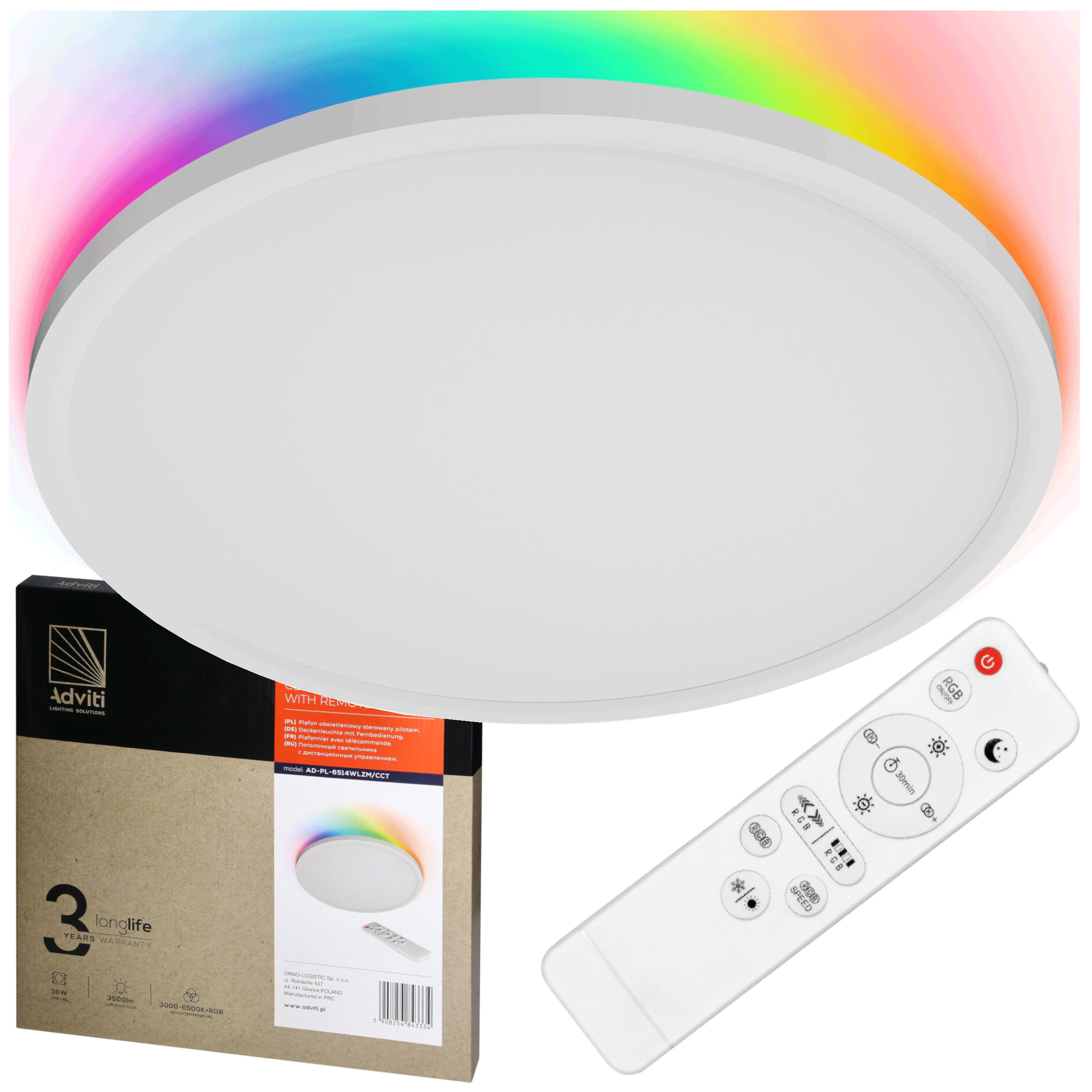 Plafon Lampa Sufitowa Led Rgb 3000/4000/6500K Ø40cm Ściemnialny 36W Pilot