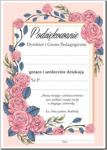 

Dyplom Podziękowania Dla Rodziców Szkoła A4