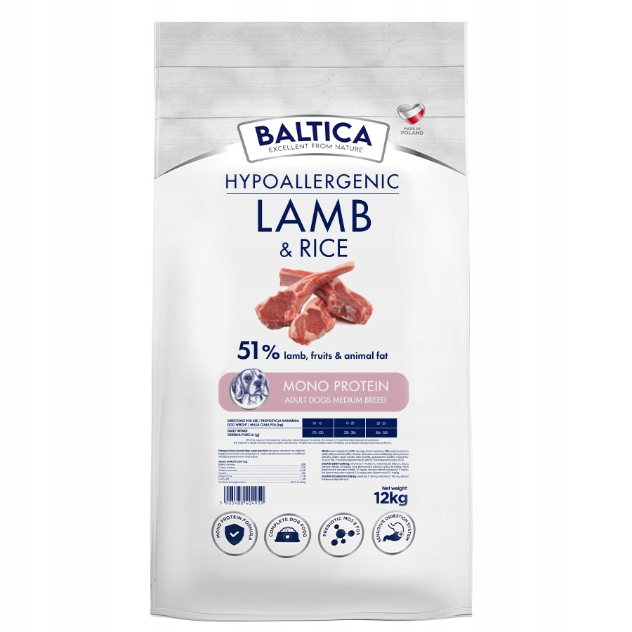 Baltica Adult Jagnięcina z Ryżem M 12kg Hipoalergiczna Sucha Karma Dla Psów