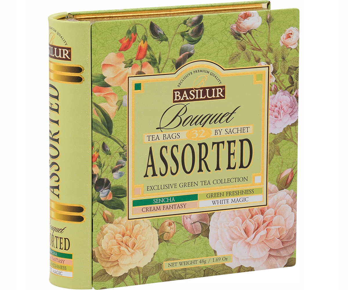 Levně Sada zelených čajů Basilur Bouquet v sáčcích 4 Příchutě 32 ks Plechovka