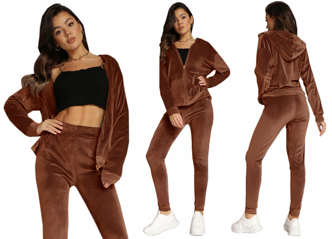 Dres damski welurowy Rozpinany komplet Welur bluza kaptur 9165 brązowy L