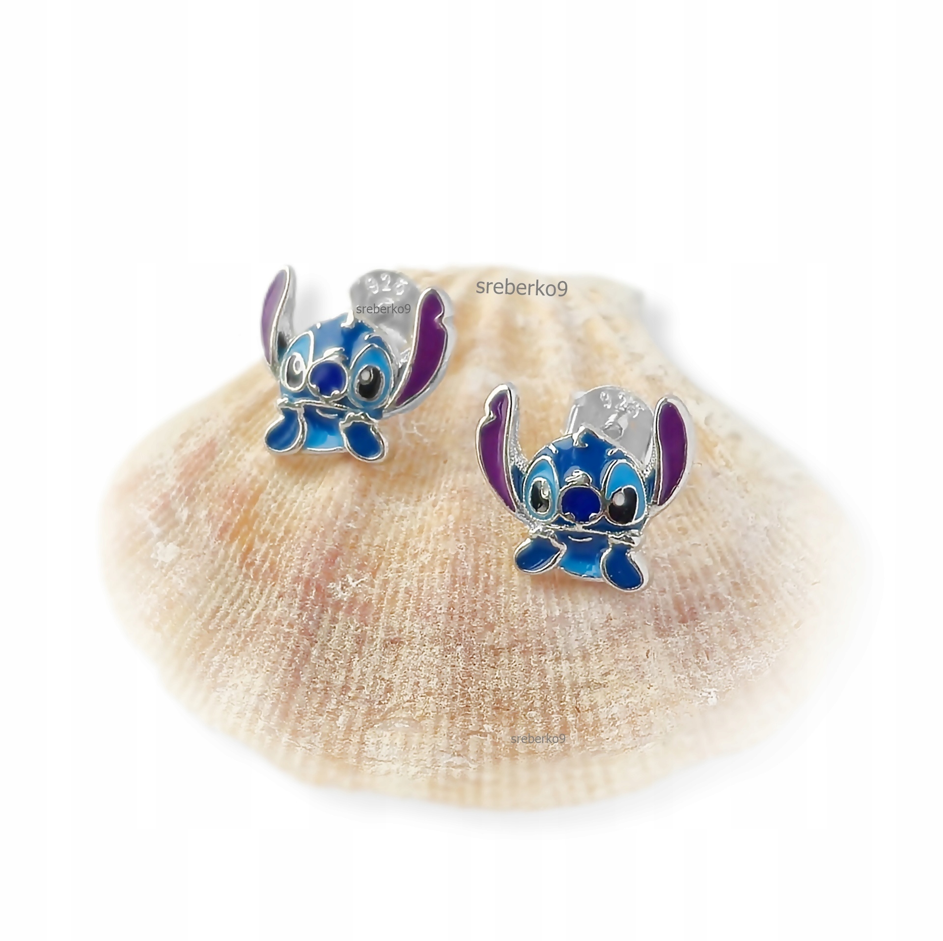 Pr.925 Srebrne bajkowe kolczyki Stich dla dziewczynki kolorowy Stitch