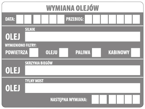 Naklejki serwisowe Wymiana Olejów Most Skrzynia 50 sztuk 80x60 etykiety