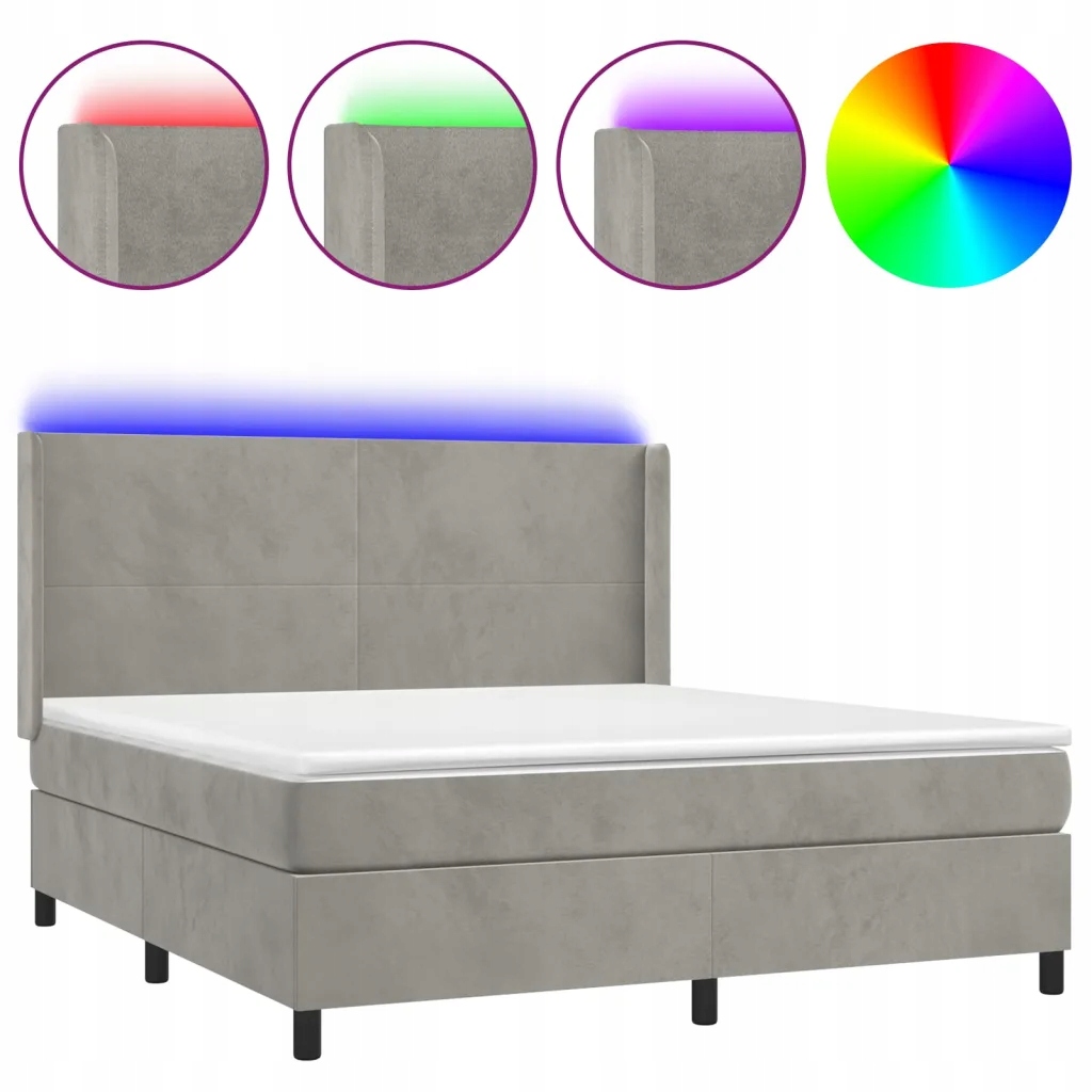 Kontinentální postel s matrací a Led diodami, světle šedá, 203x183x118/128 cm