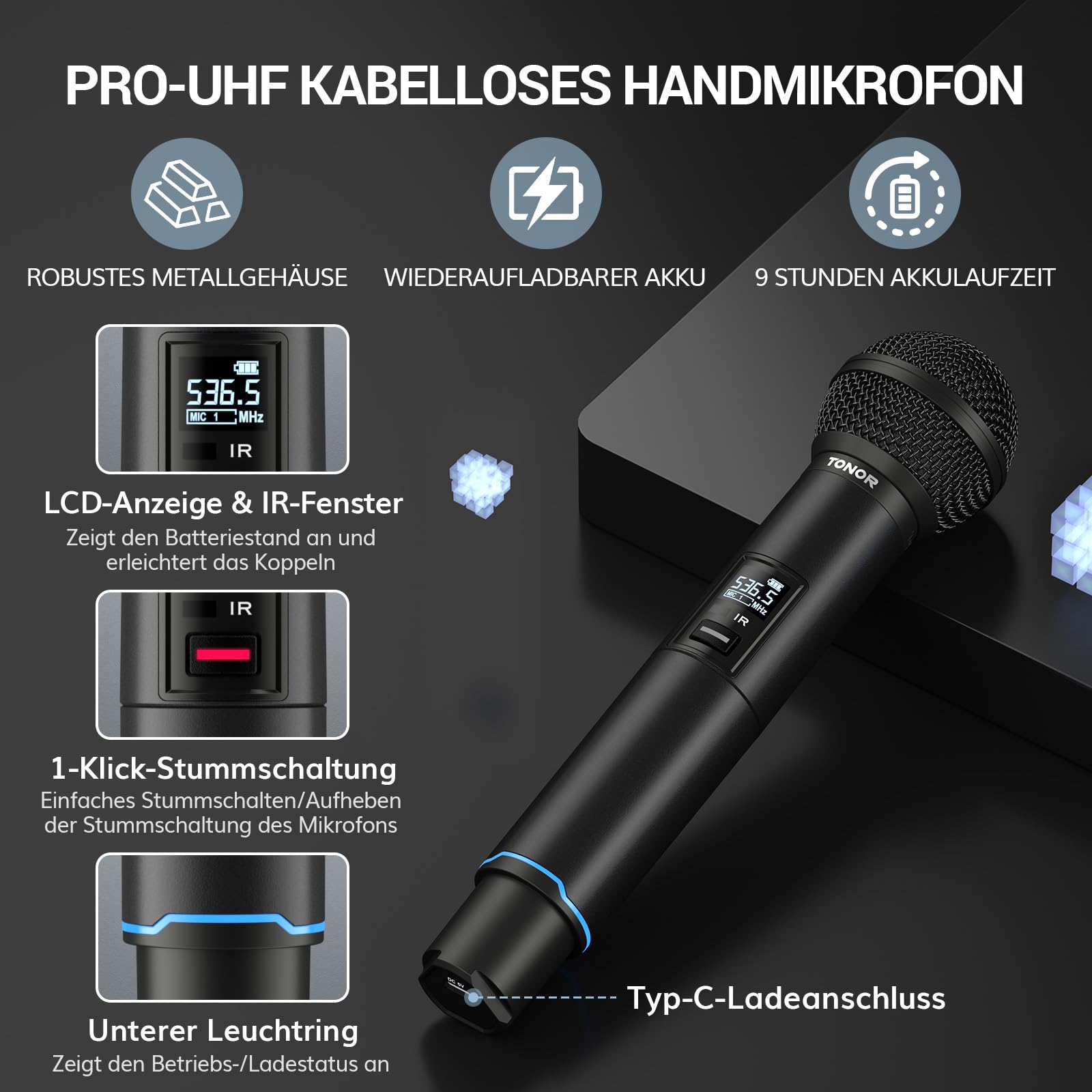 TONOR Mikrofon Bezprzewodowy UHF Zestaw 2x100 Regulowane Mikrofony Karaoke — miniatura 6