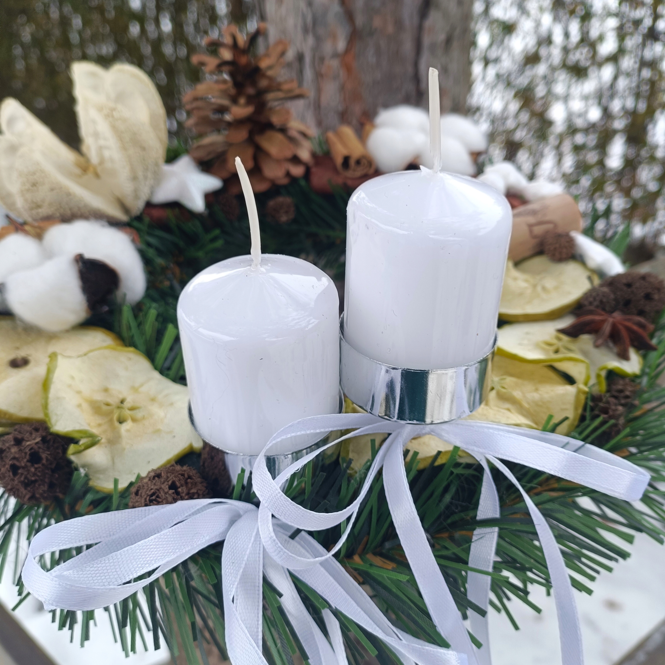 ZIMOWY STROIK WIANEK DWIE ŚWIECE BIAŁY KREM ŚWIECZNIK SUSZ Marka inna