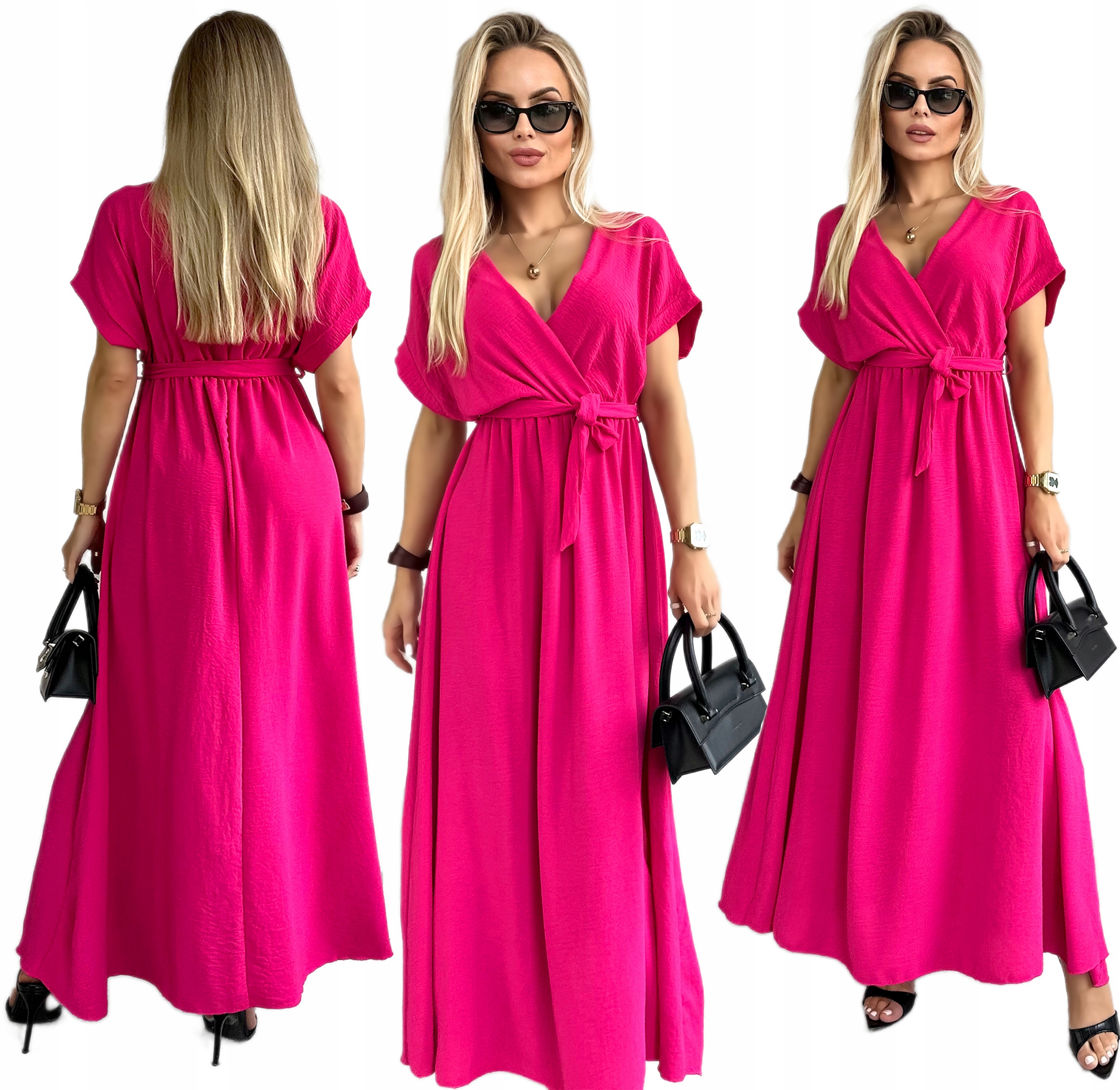 Sukienka Damska maxi rozkloszowana kopertowy dekolt wesele LA9I8