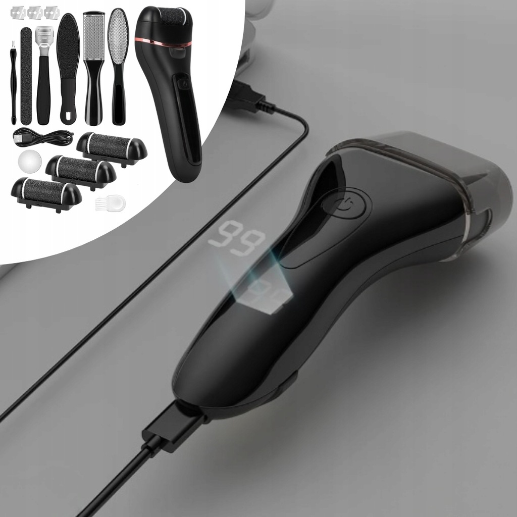 ELEKTRYCZNY PILNIK DO STÓP DO PIĘT LED MEGA ZESTAW PILNICZEK + NASADKI IPX7 Marka Hikey