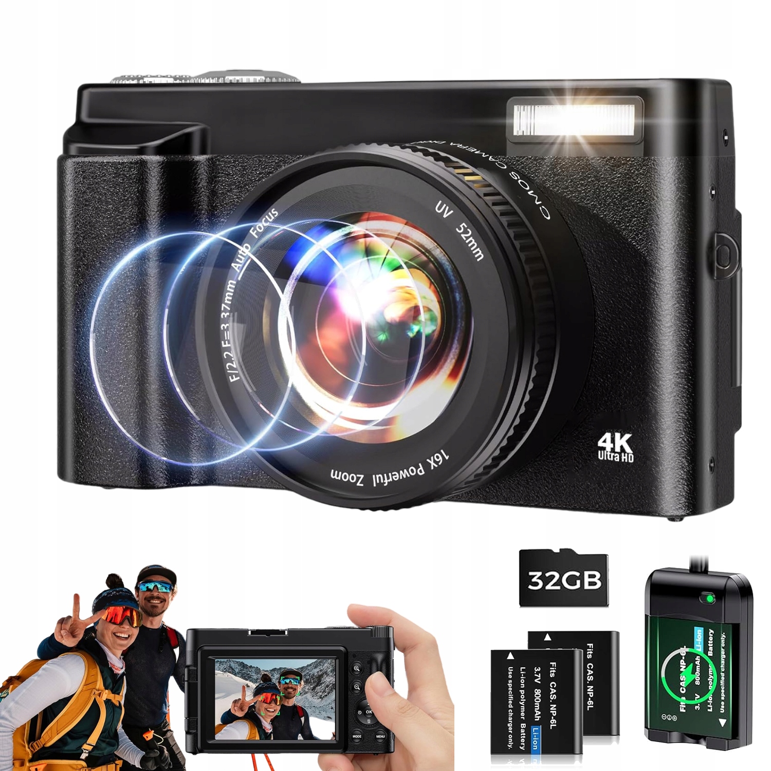 Fotoaparát Hd 48MP Zoom X16 Černý 4K 32G S 2XAKU Sadou