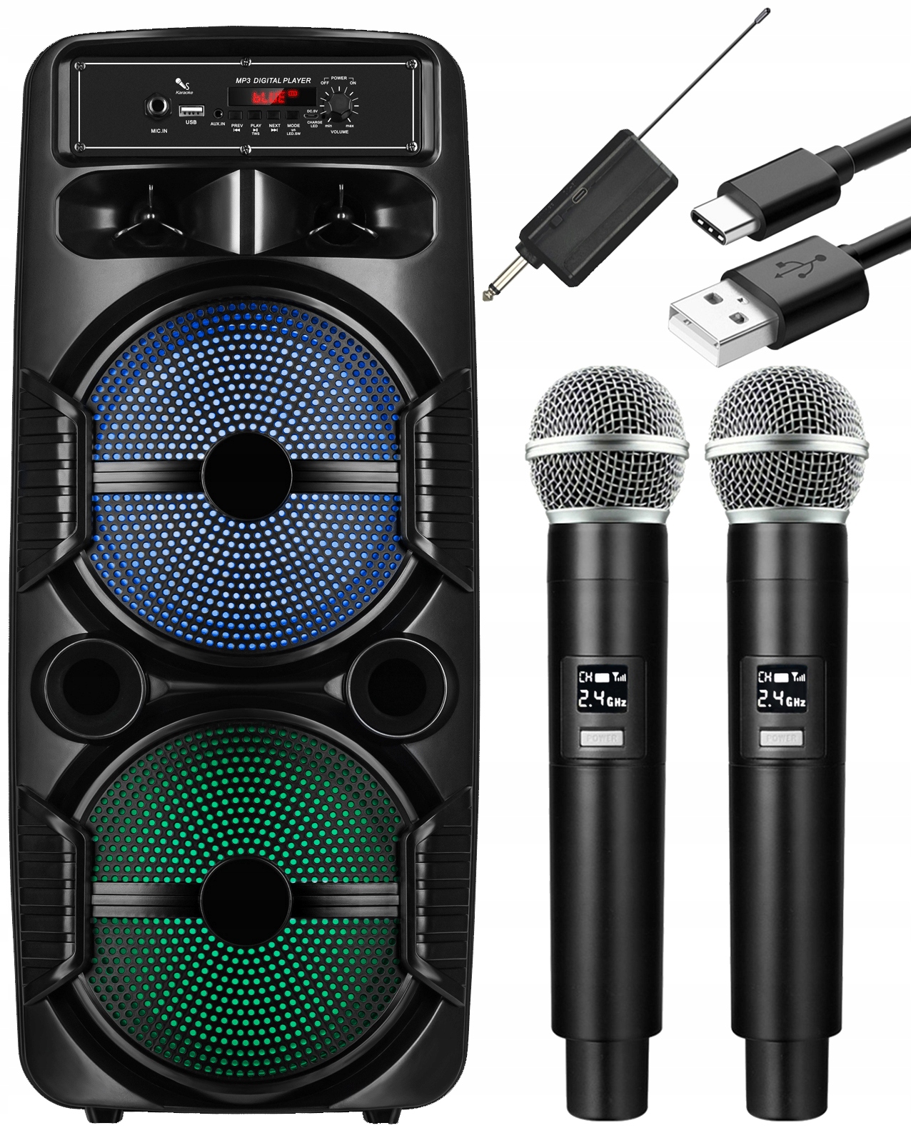 Duża Mocna Przenośna Kolumna 600W Głośnik Bluetooth 2 Mikrofony Akumulatory