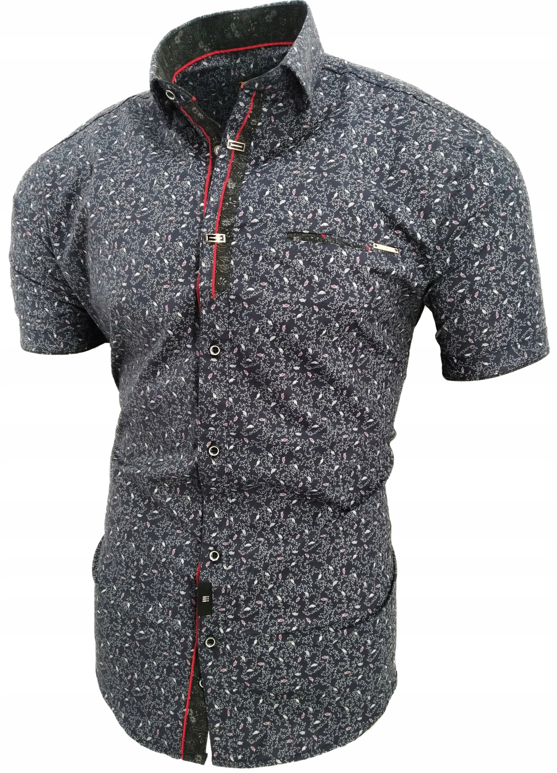 MĘSKA KOSZULA GRANATOWA WE WZOREK KRÓTKI RĘKAW SDN 668 XL 43/44 Rozmiar XL