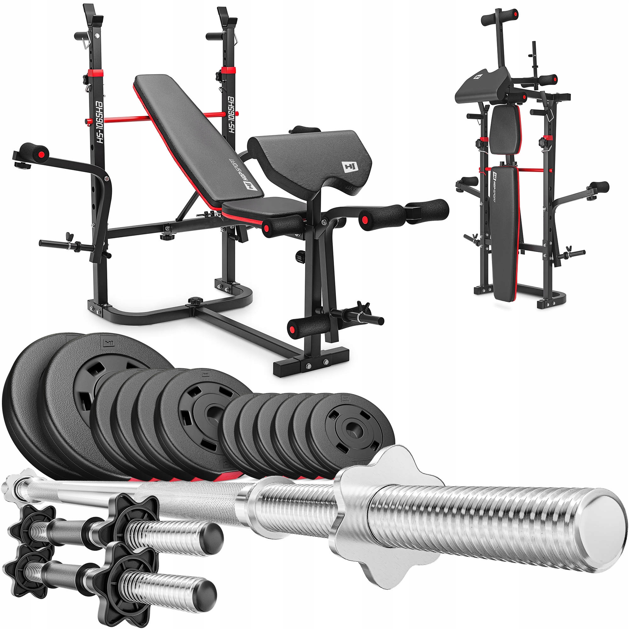 Zestaw obciążeń sztanga 38kg z ławką treningową regulowaną z stojakami