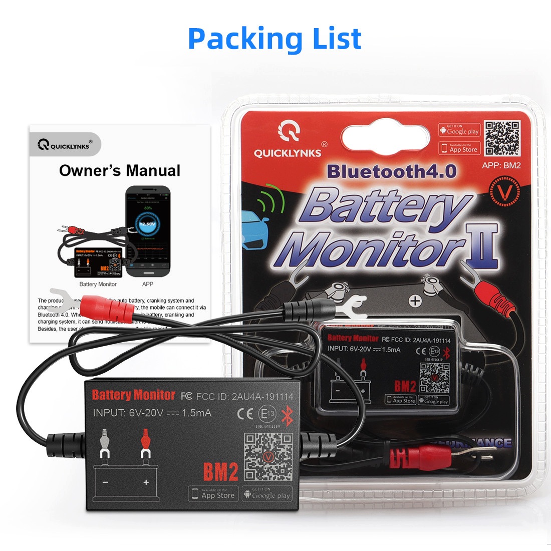 Quicklynks BM2 Bluetooth 12 V akumuliatoriaus monitorius ir užvedimo testeris