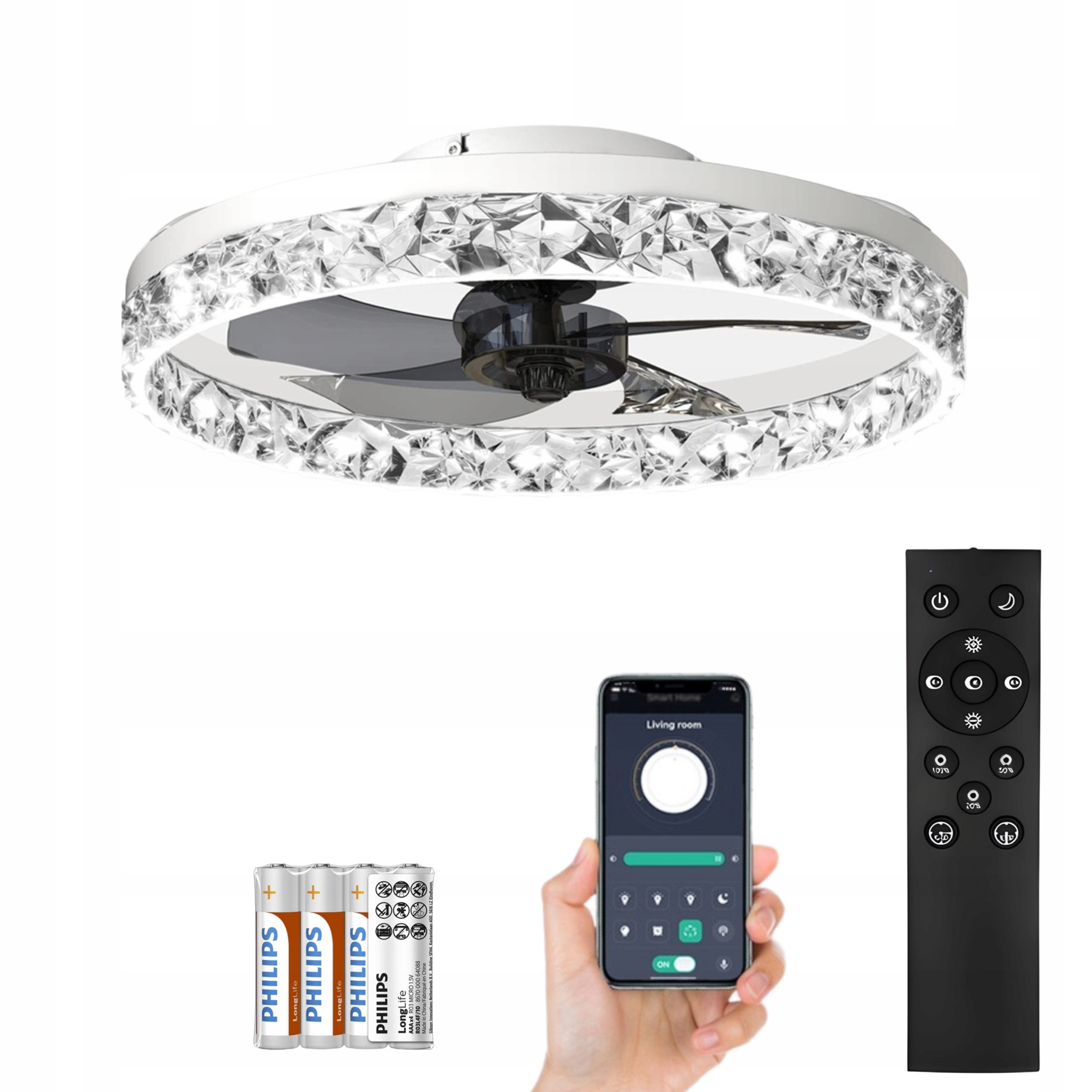 Lampa Sufitowa Led Wentylator Wiatrak Lampa Z Wiatrakiem Biała Kryształowa