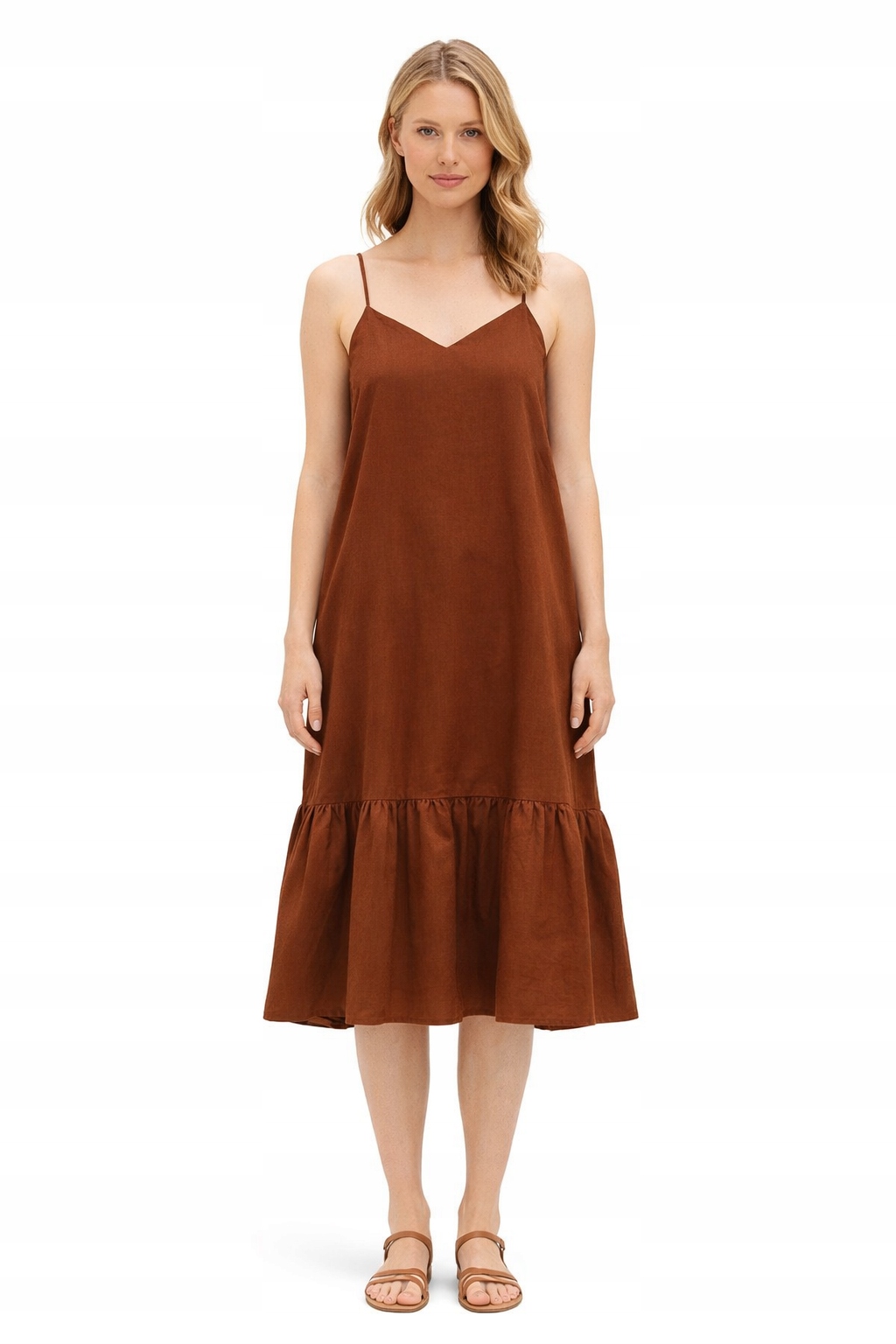 Sisley Hnědá Šaty Na Ramínka S Volánem 38 I4A