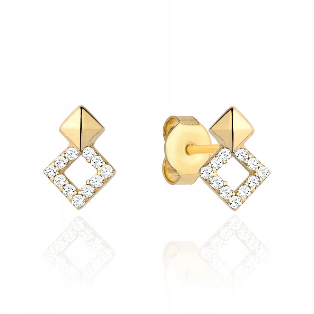 Náušnice zlaté 585, dva kosočtverce se zirkony jako dárek pod vánoční stromeček 14k