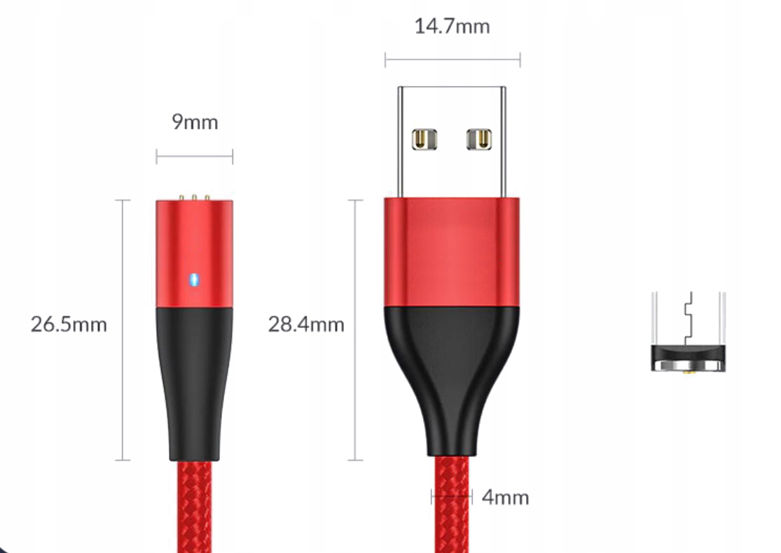 KABEL MAGNETYCZNY 2M MICRO USB ŁADOWANIE 5A + DANE Kolor czerwony