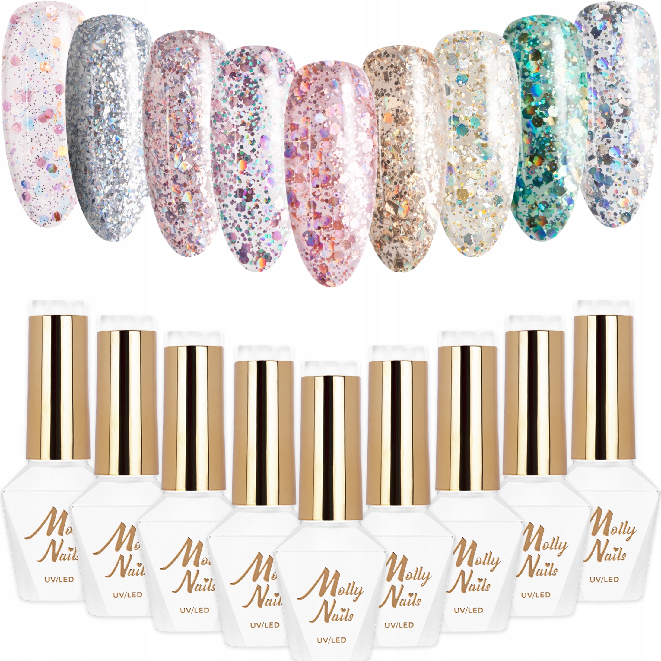 9x Lakier Hybrydowy Mollynails Crushed Diamonds Zestaw 9w1 Brokat