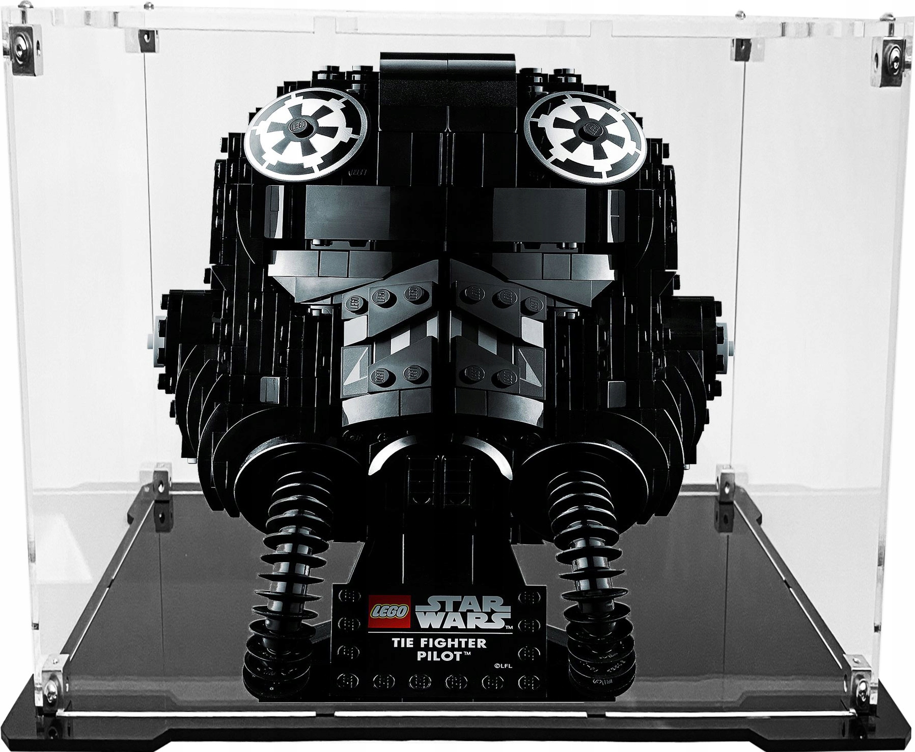 Vitrína s černou základnou pro stavebnici Lego 75274 Helma pilota stíhačky Tie