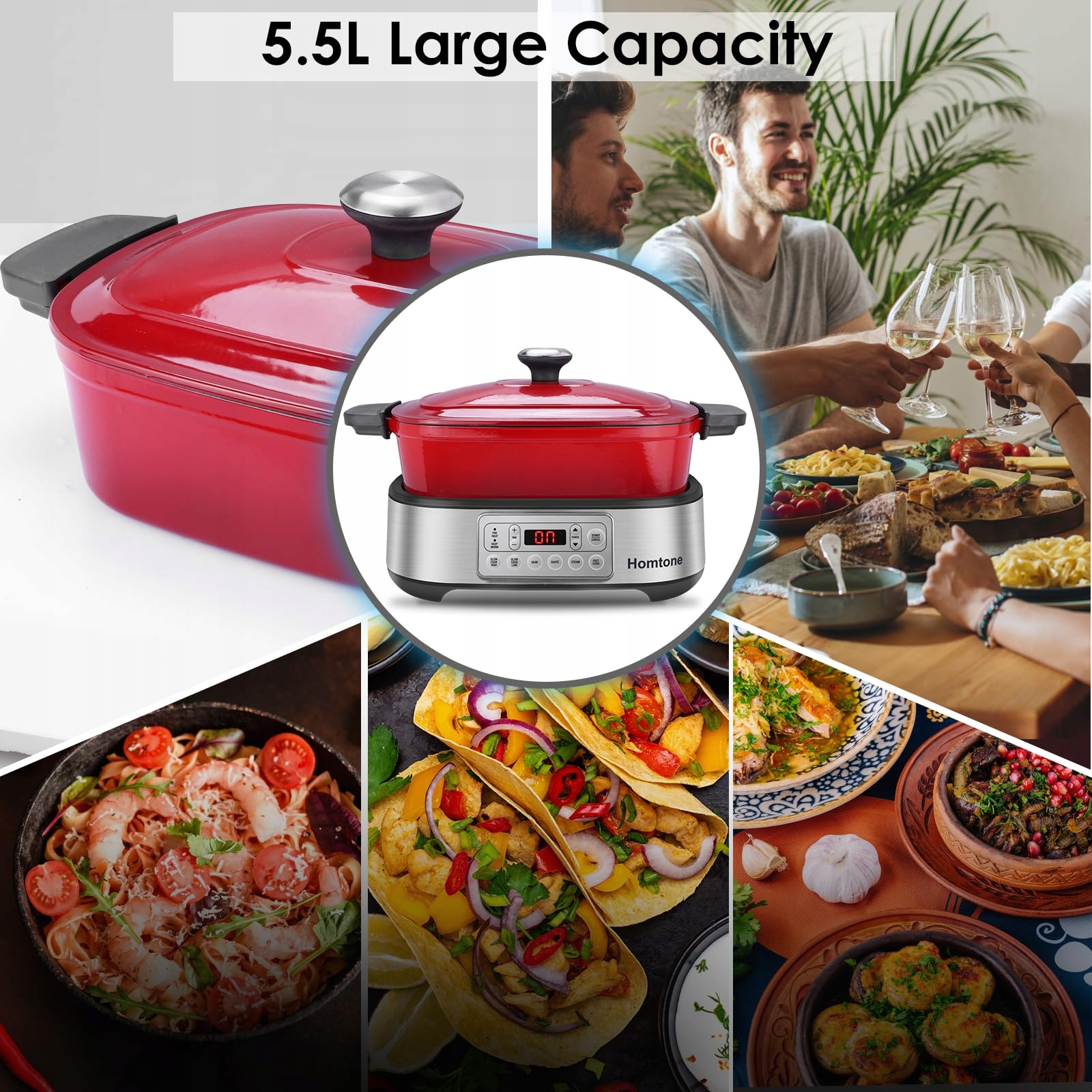 HOMTONE Wolnowar 6w1 5,5L Programowalny Multicooker Ceramika Czerwony — miniatura 6