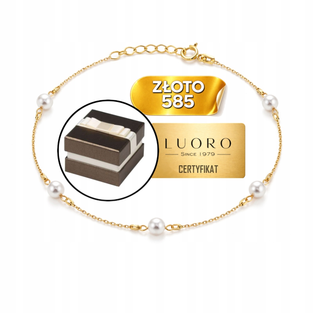 Náramek Zlatý 585 14K S Přírodními Perlami, Kulička 17 CM, Nastavitelný