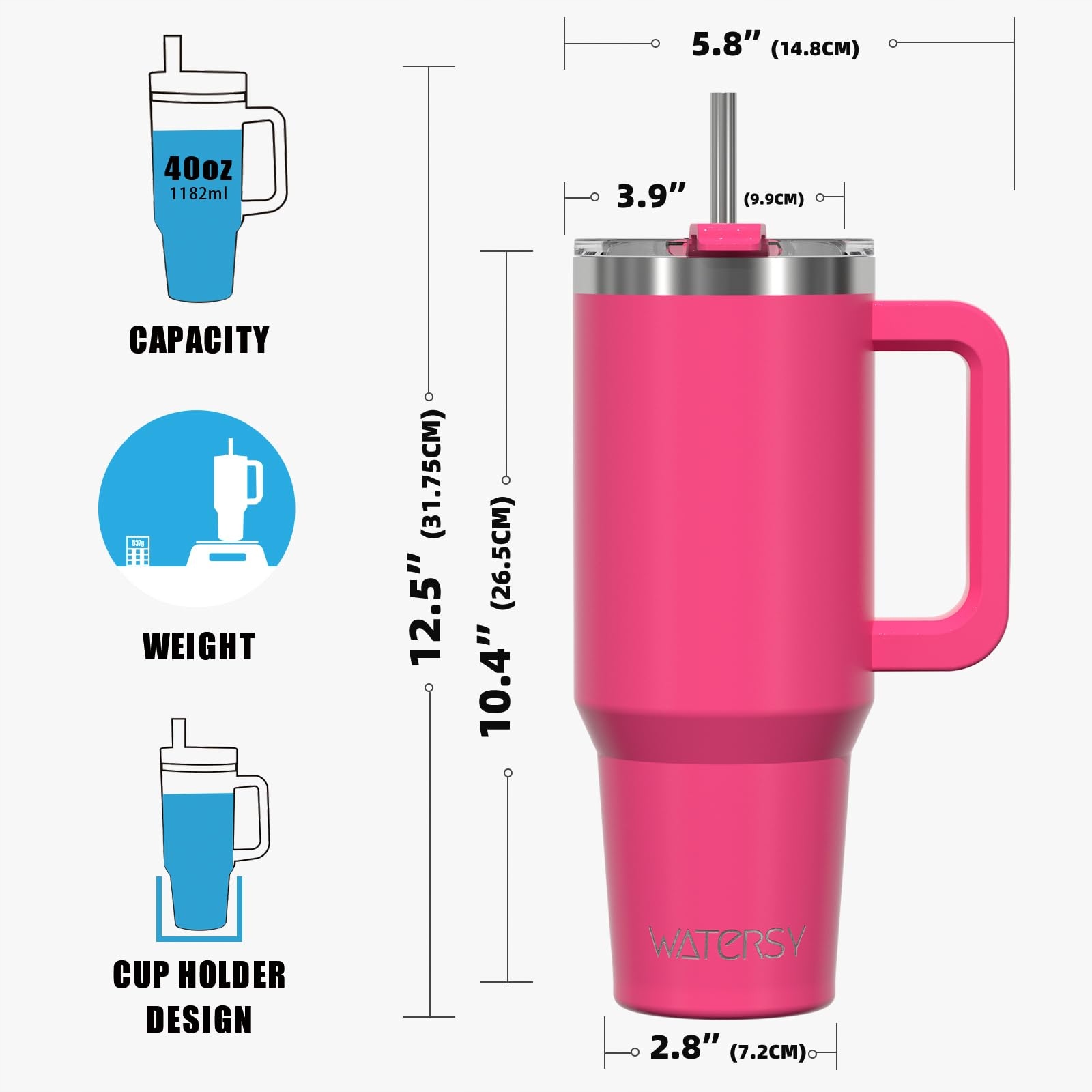 WATERSY KUBEK TERMICZNY STALOWY Z UCHEM I SŁOMKĄ NA NAPOJE 1182ML — miniatura 8