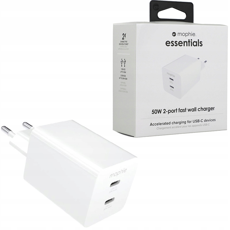 Univerzální síťová nabíječka Mophie, 2x Usb-c, 50W, kostka pro telefon