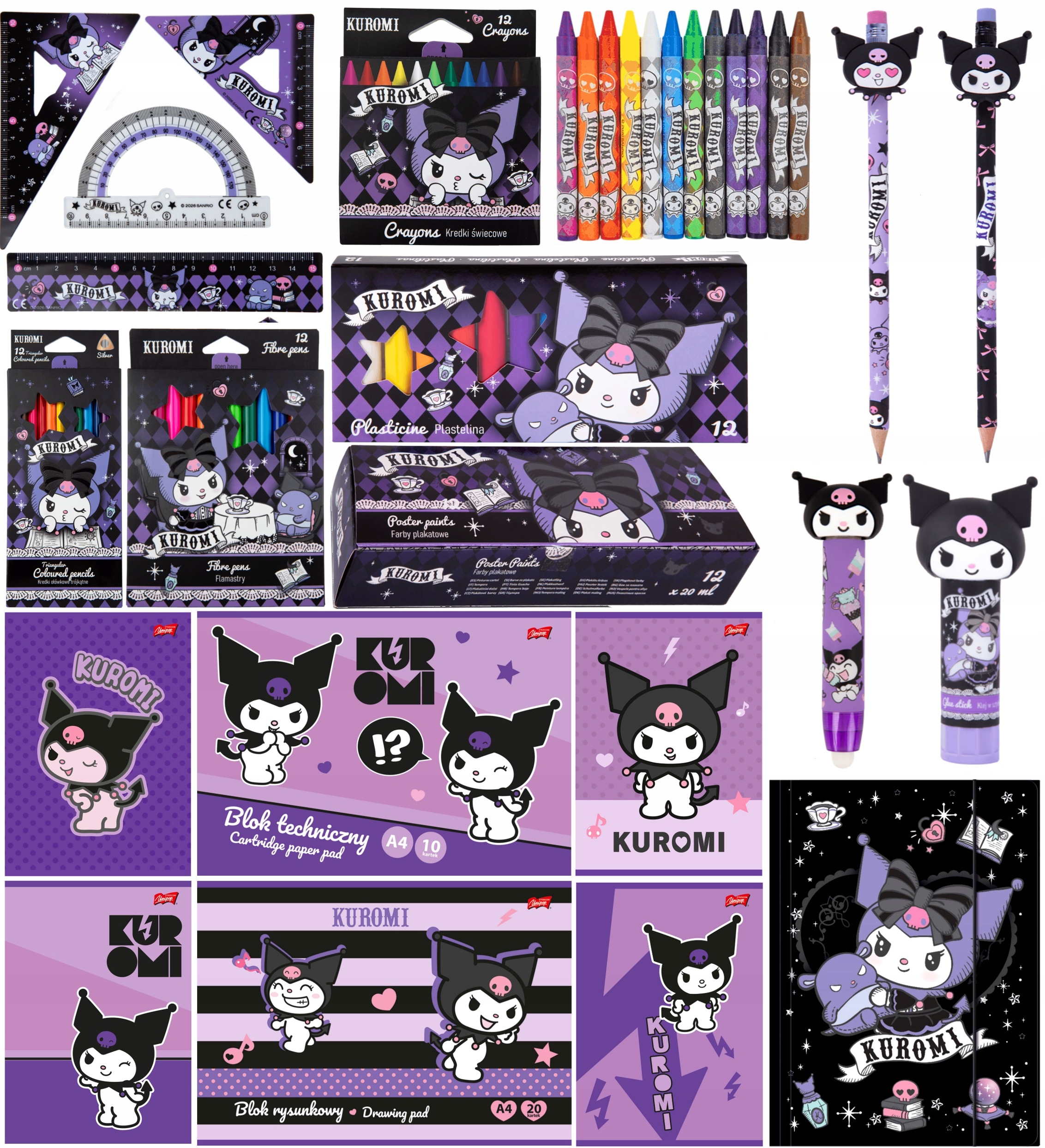 Kuromi Wyprawka Szkolna Zestaw PLASTYCZNY-15 Elementowy+ołówki GRATIS-KUR05