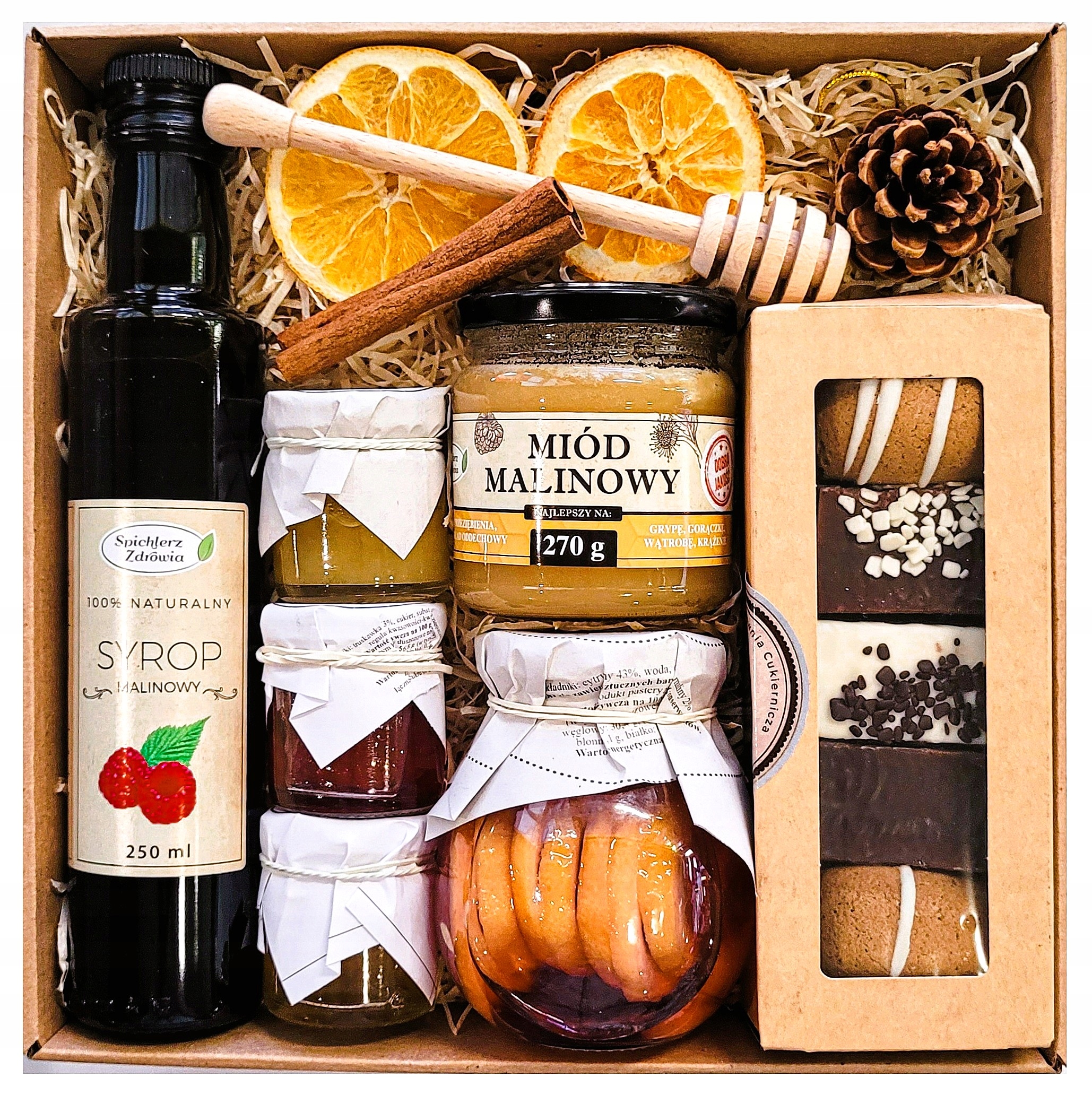 Kosz Zestaw Prezentowy Upominek Miód Herbata Pierniki Syrop Malina