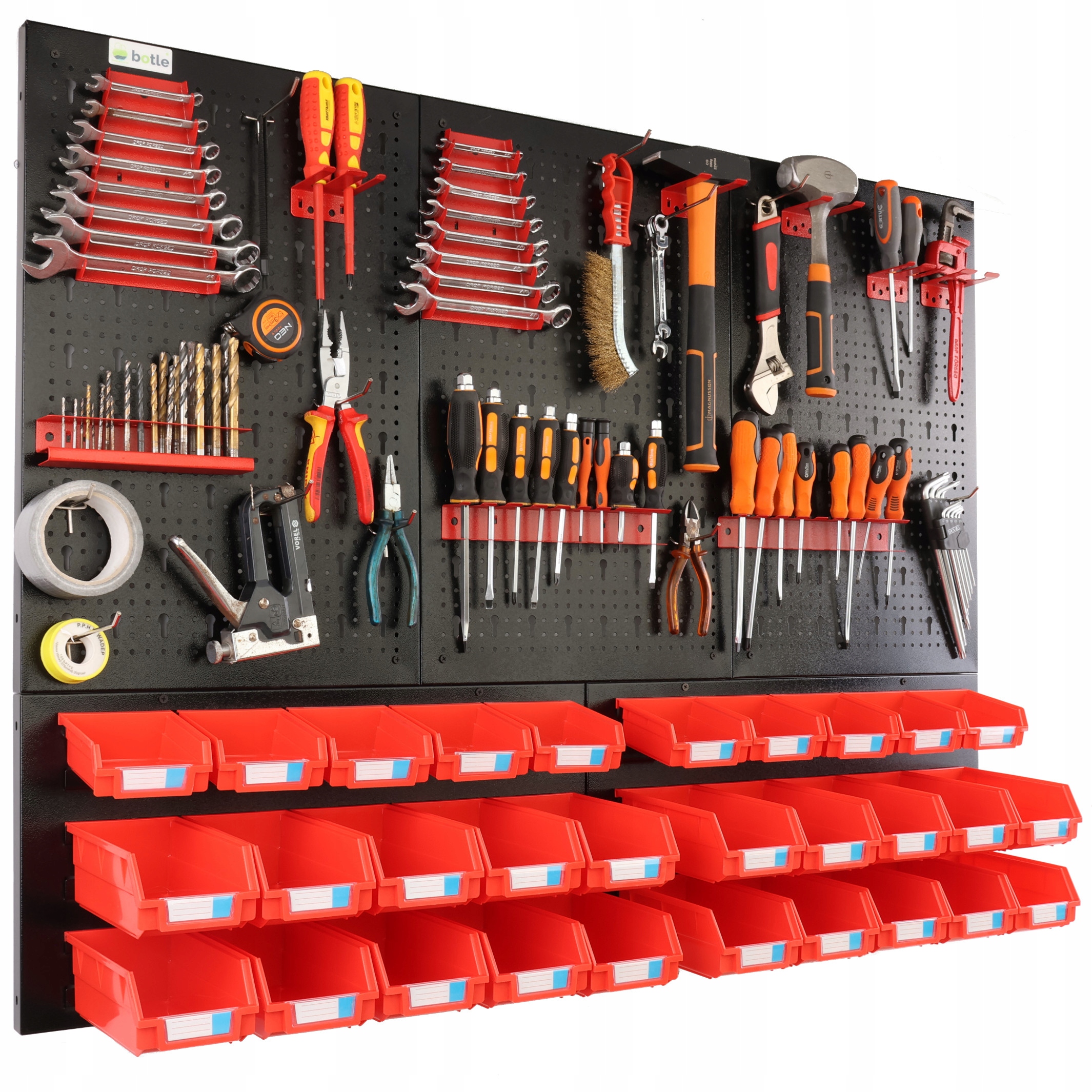 Dílenská kovová nástrojová deska 120 x 90 cm, 30 nádob botle