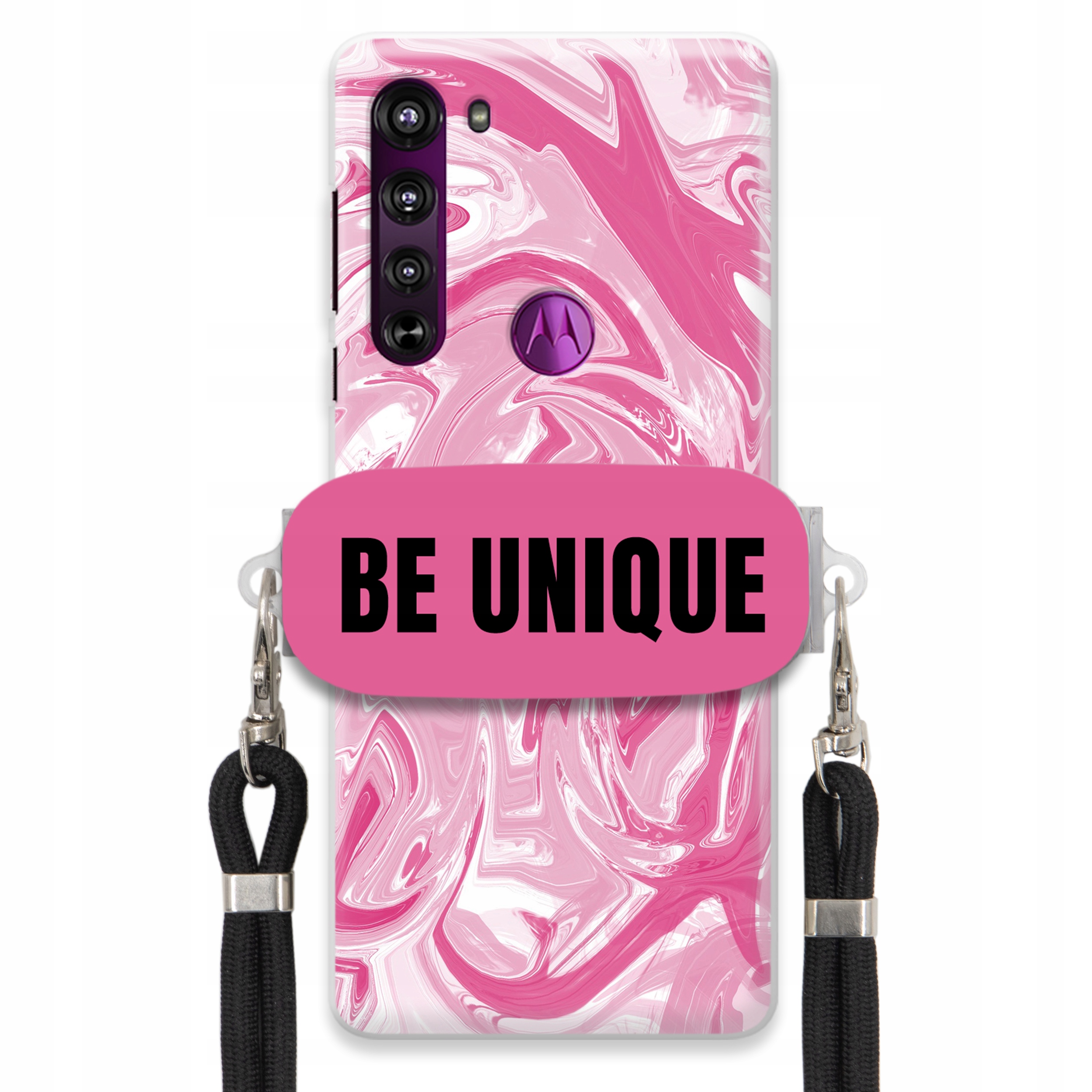 Puzdro na Motorola Edge Case držiak na šnúrku Čierna Ružová Mramor Be Unique