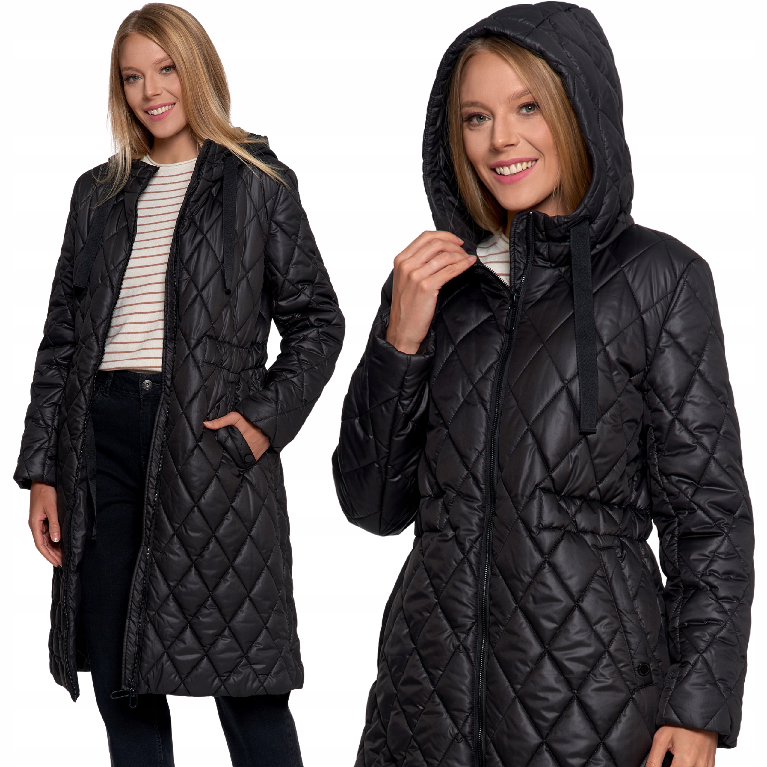 Módní dámská dlouhá prošívaná bunda s kapucí na podzim Moraj S