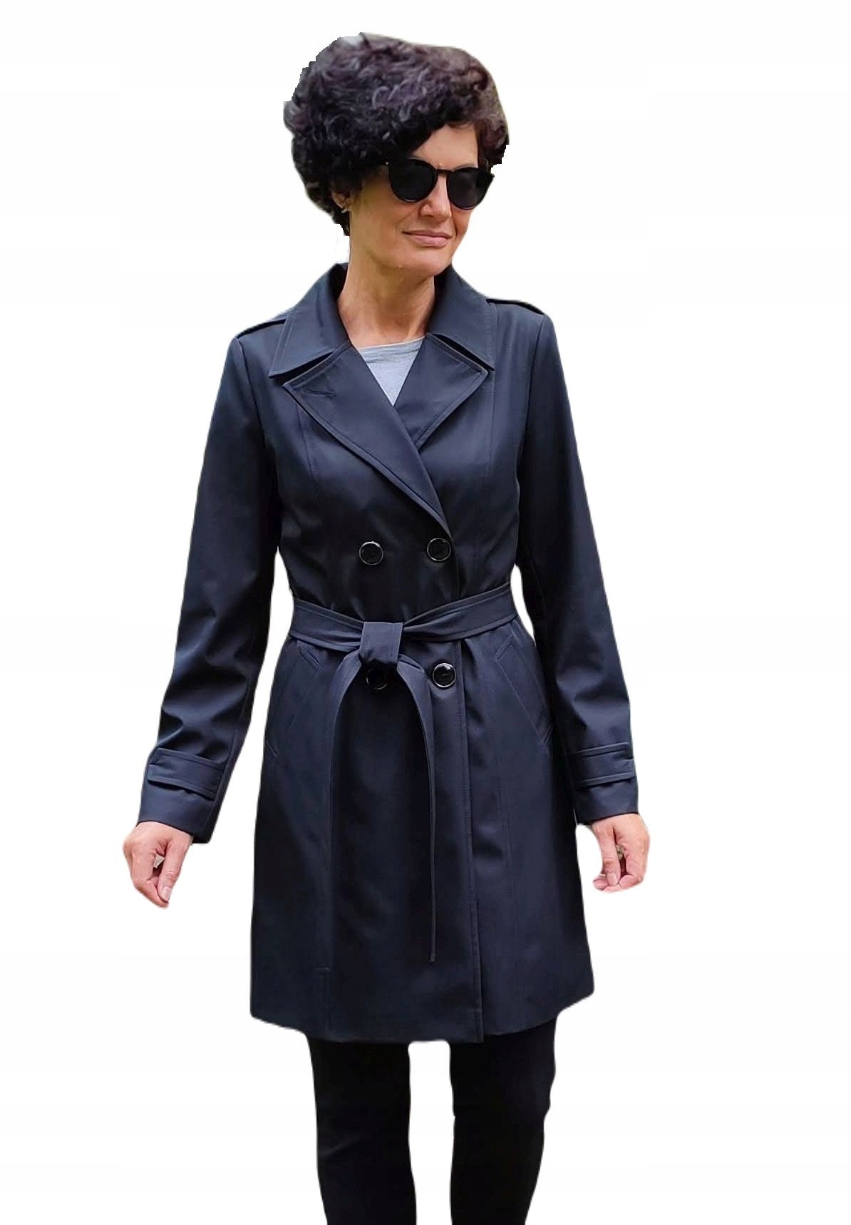 Dwurzędowy Trencz Przejściowy Płaszcz Wiosenny Prochowiec Czarny 44