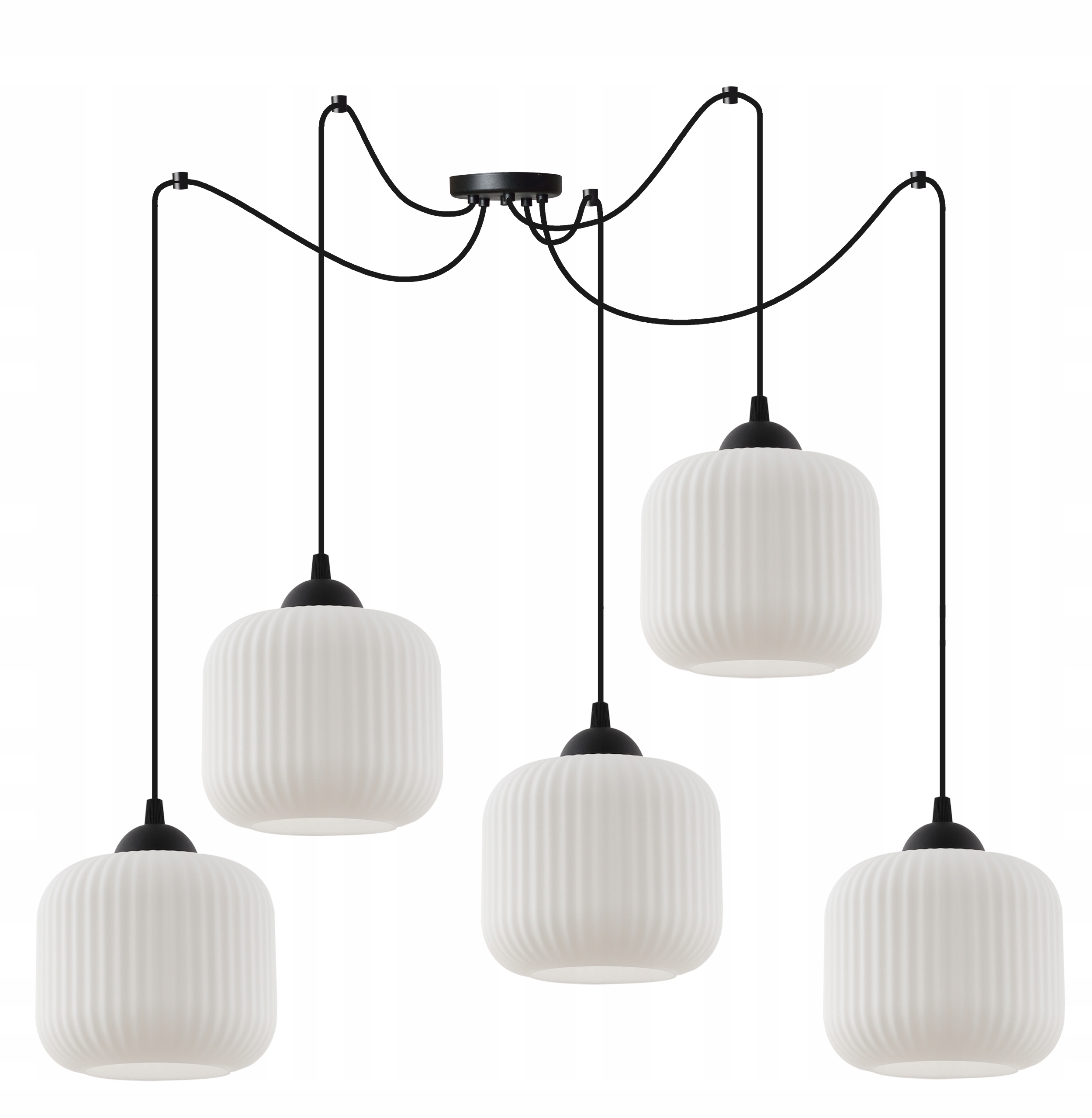 Čiernobiely pavúk Riffle, valcované vrúbkované tienidlá, lampa do kuchyne