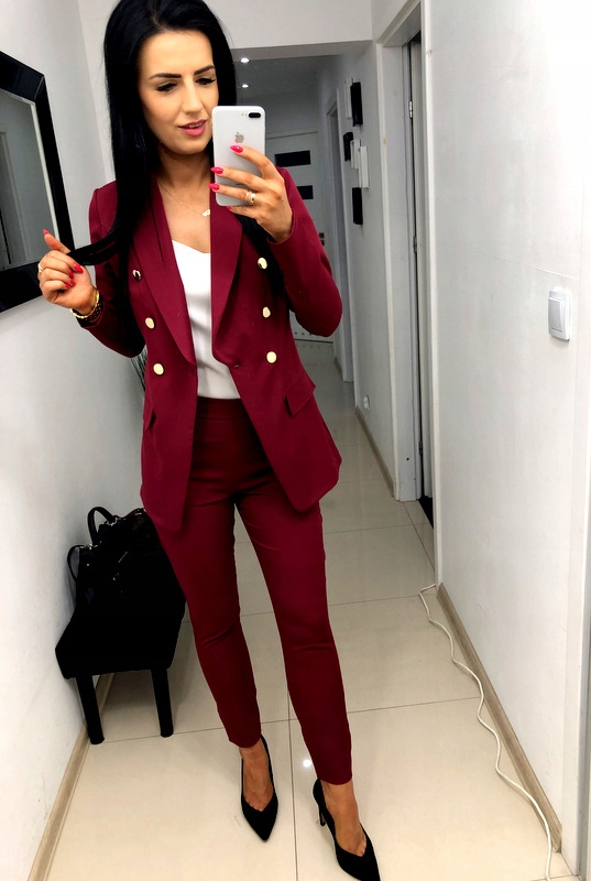 Damski Garnitur Garnitury Damskie Komplet Marynarka Spodnie Bordowy 2XL 44 Kolor czerwony
